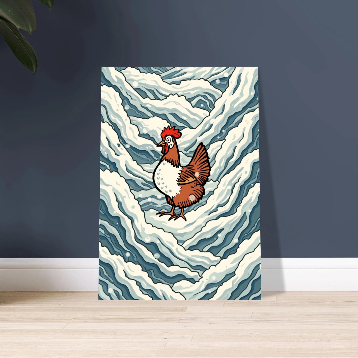 Höna i djup snö, konstnärlig illustration med drömlik stämning