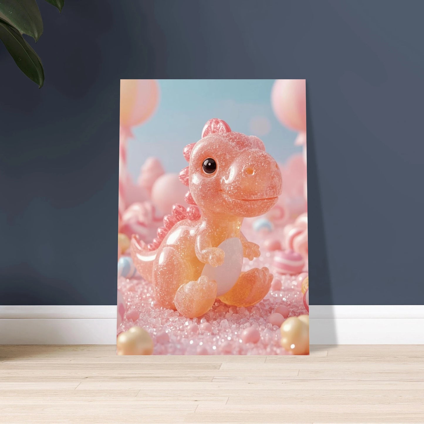 Sockersöt dinosaurie av godis i en drömsk pastellvärld