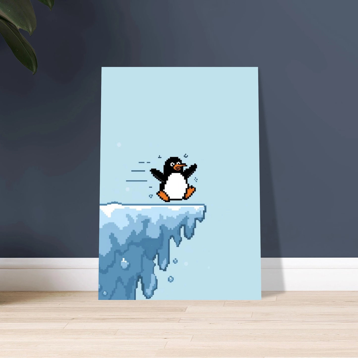 Lekfull pixelkonst-pingvin på isig avsats, charmigt djurmotiv.