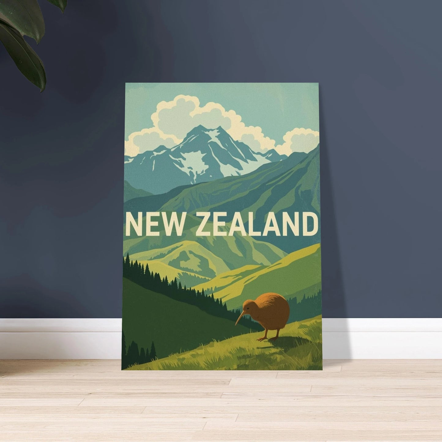 Kiwi i bergigt landskap, vintage reseposter, Nya Zeeland, lugn stämning