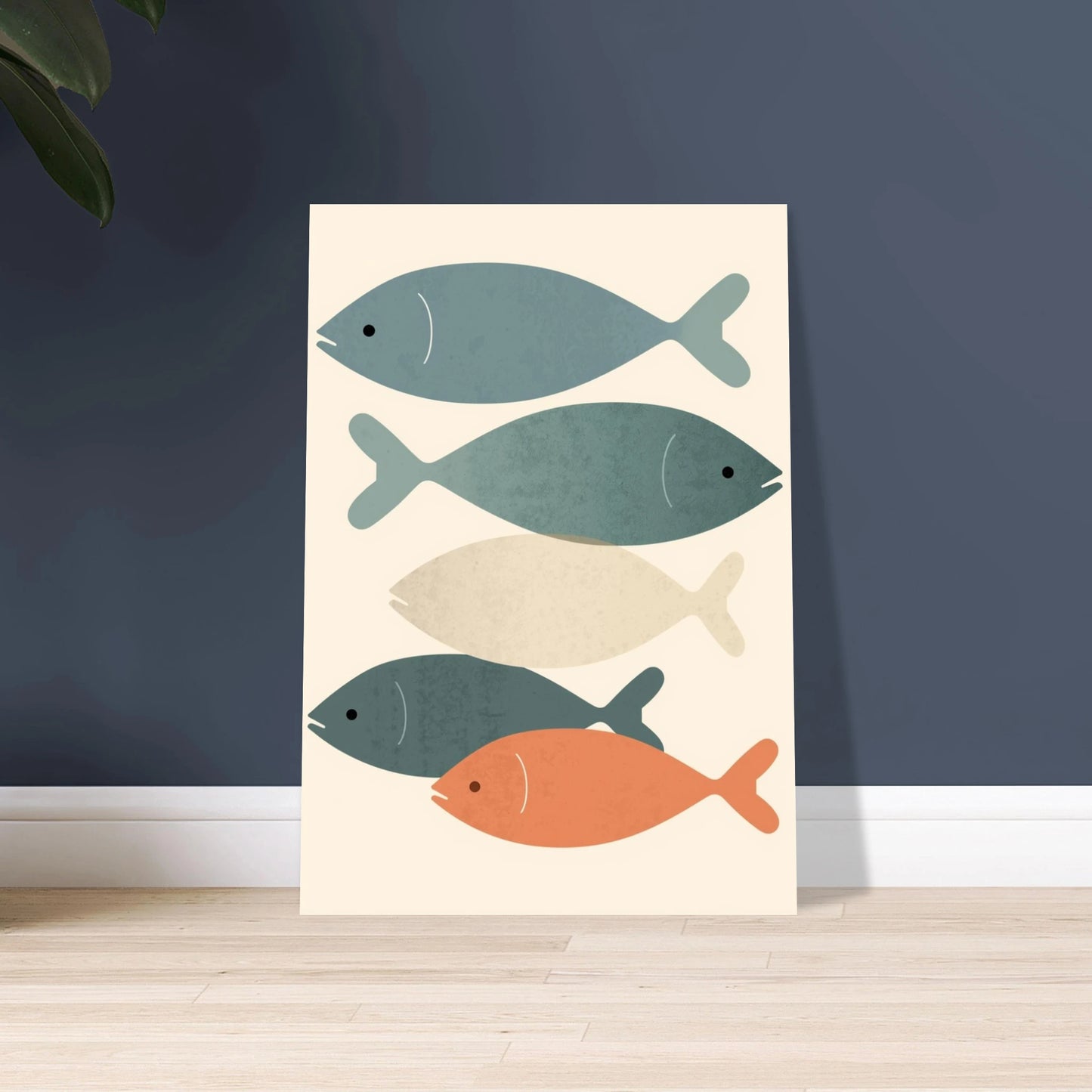 Abstrakta fiskar i skandinavisk stil, lugn och harmonisk design.