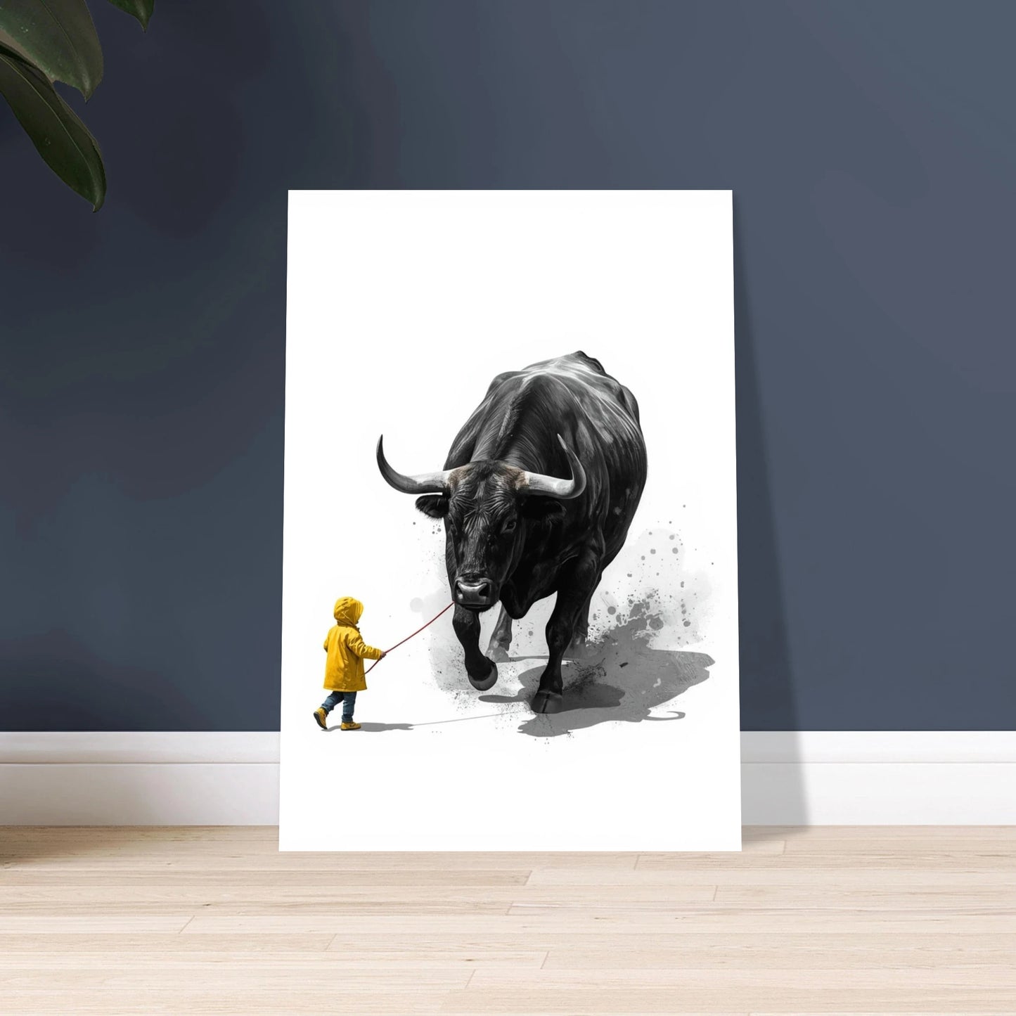 Kraftfull tjur i minimalistisk illustration med stänk av färg