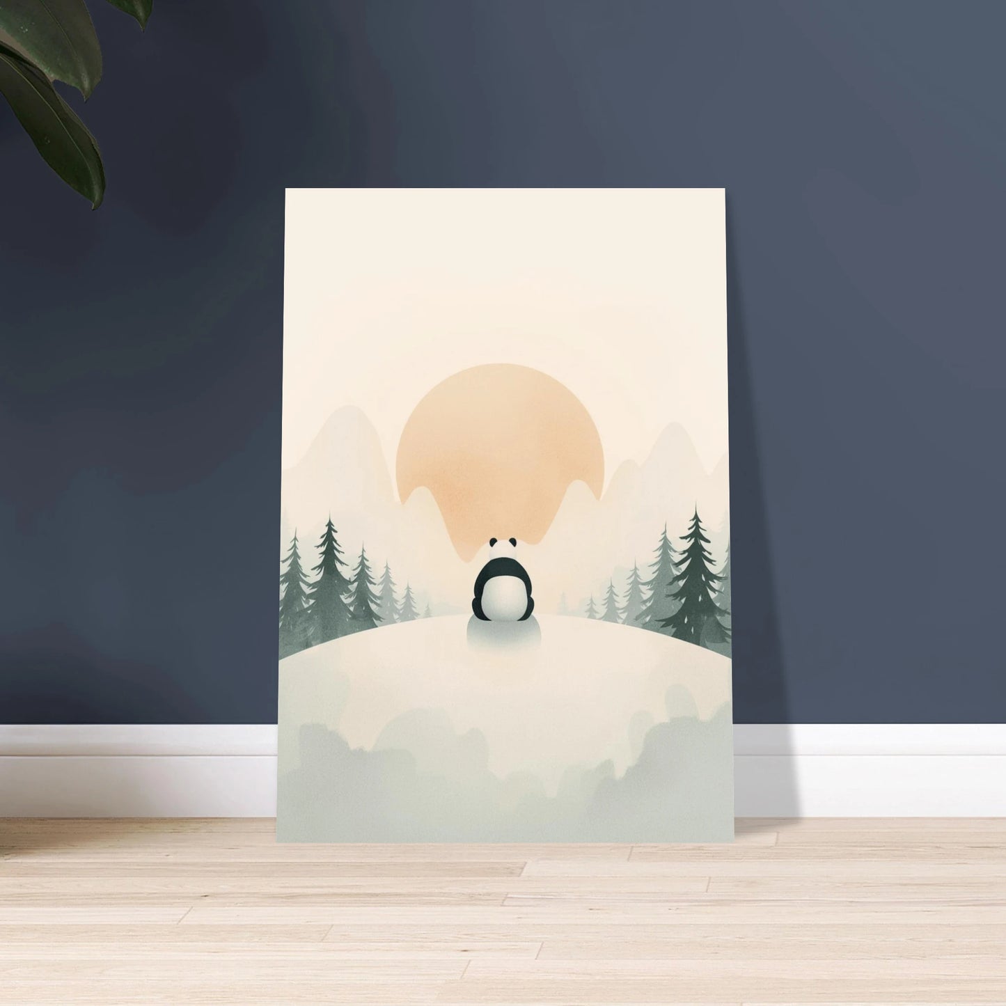 Panda på snöig kulle med solnedgång, lugn och fridfull stämning