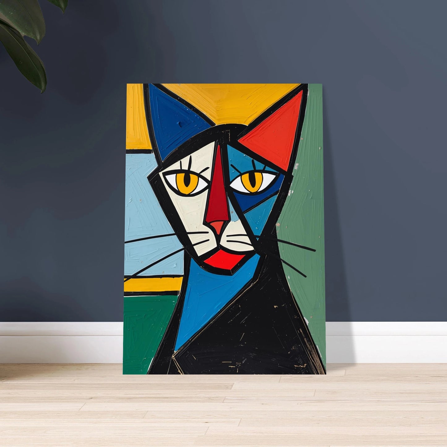 Kubistiskt kattporträtt i Picassoinspirerad stil med djärva färger och former.