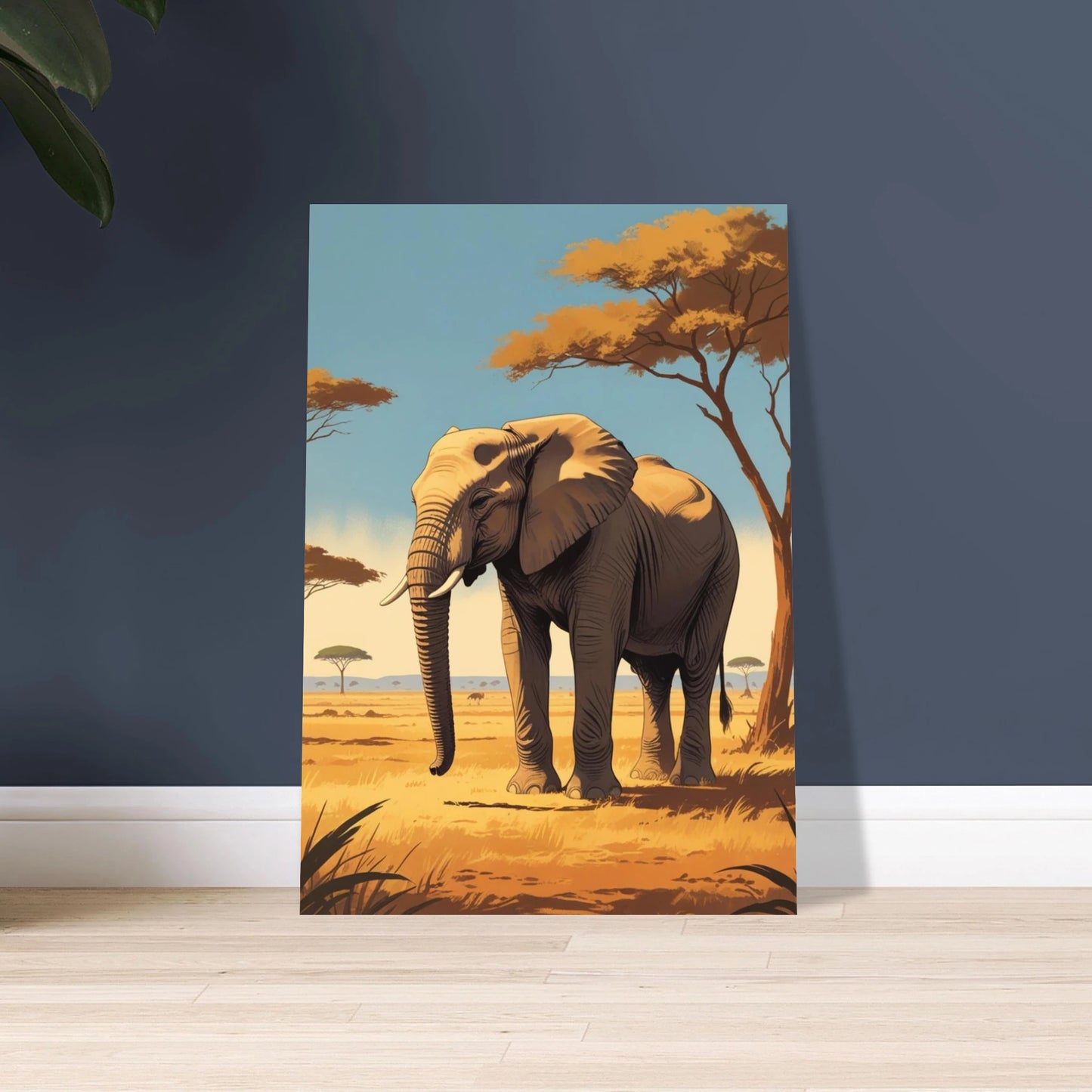 Majestätisk elefant på savannen i vintage reseposterstil