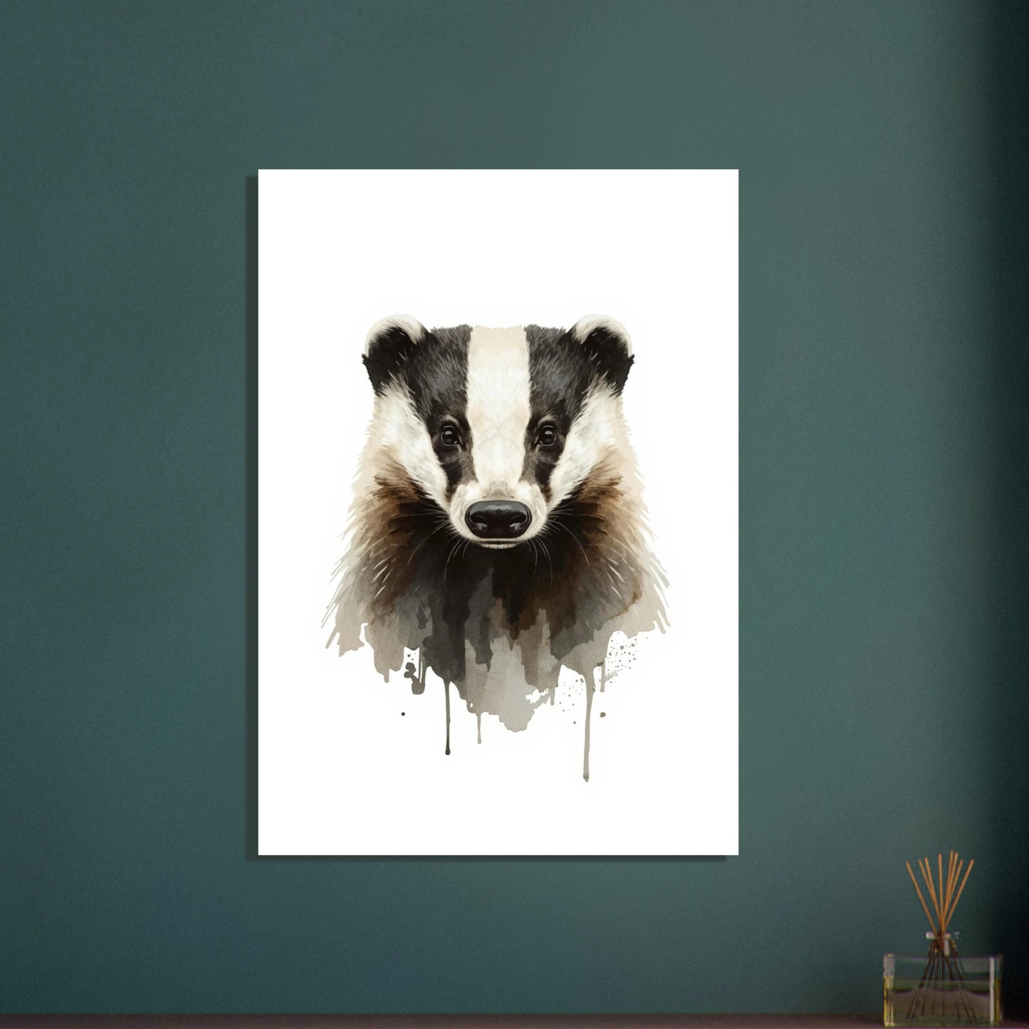Närbild på ett grävlingsansikte i jordnära akvarellfärger – Målad Poster