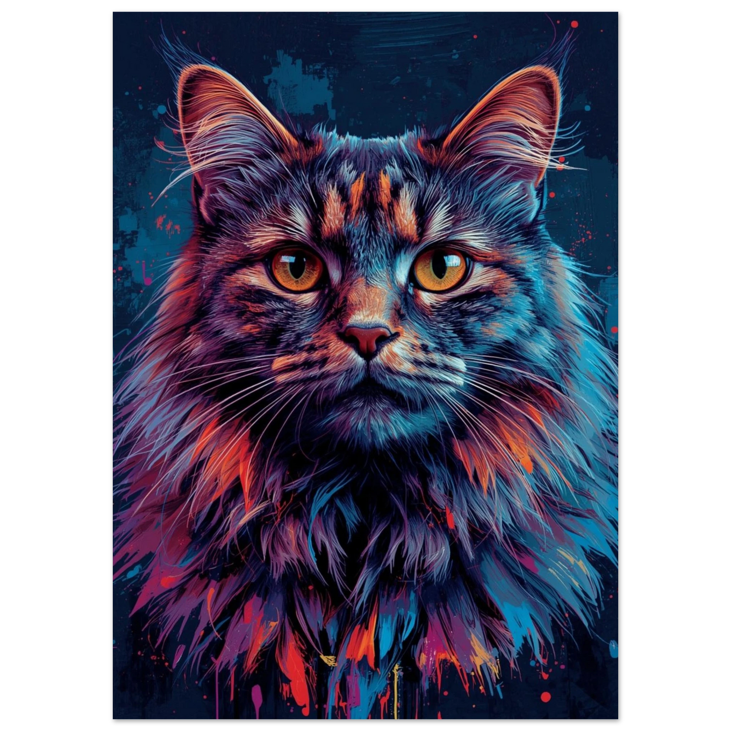 Konstnärlig kattbild med djupblå bakgrund och färgstänk – Målad poster