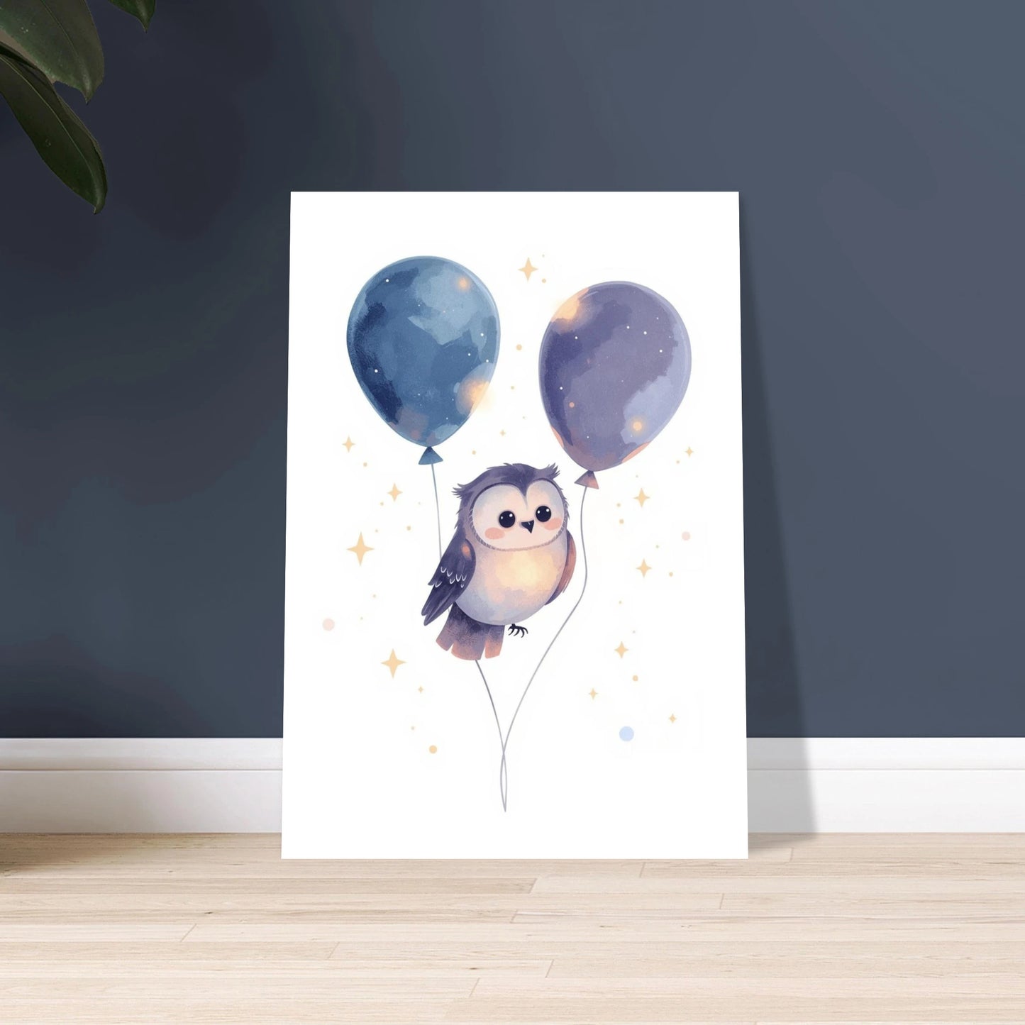 Söt uggla svävande med ballonger och stjärnor, drömsk illustration.