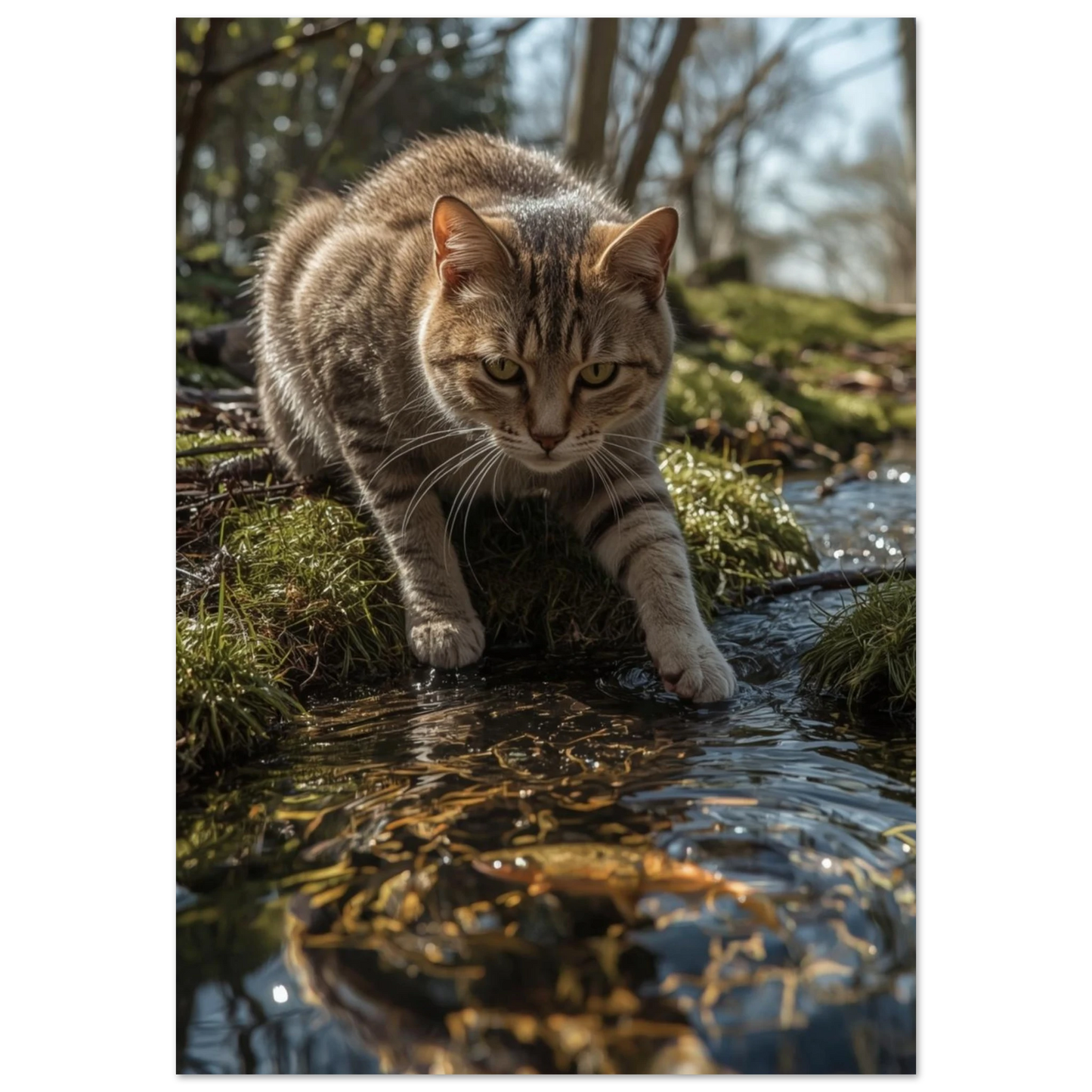 Katt som sträcker ut tassen mot en fisk i en skogstjärn – Fotorealistisk poster