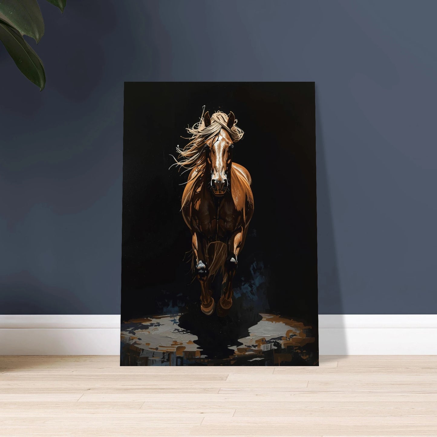 Majestätisk häst i rörelse, impasto-målning med mörk bakgrund
