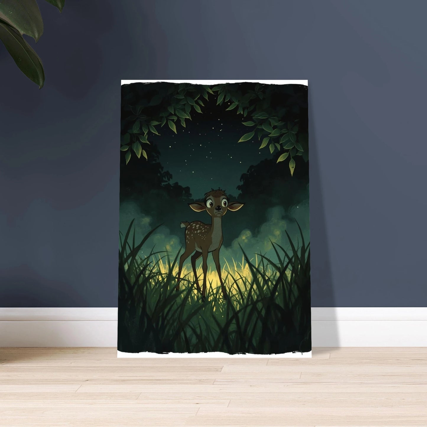 Litet rådjur i sagolik skogsnatt, Ghibli-inspirerad illustration med stjärnor