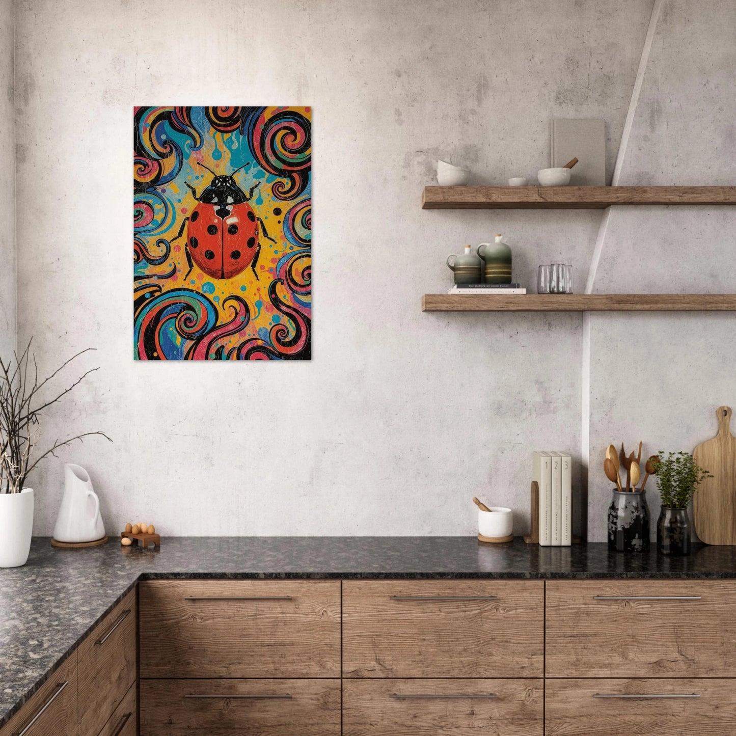 Inredningsbild med en psykedelisk nyckelpiga-poster i ett modernt kök