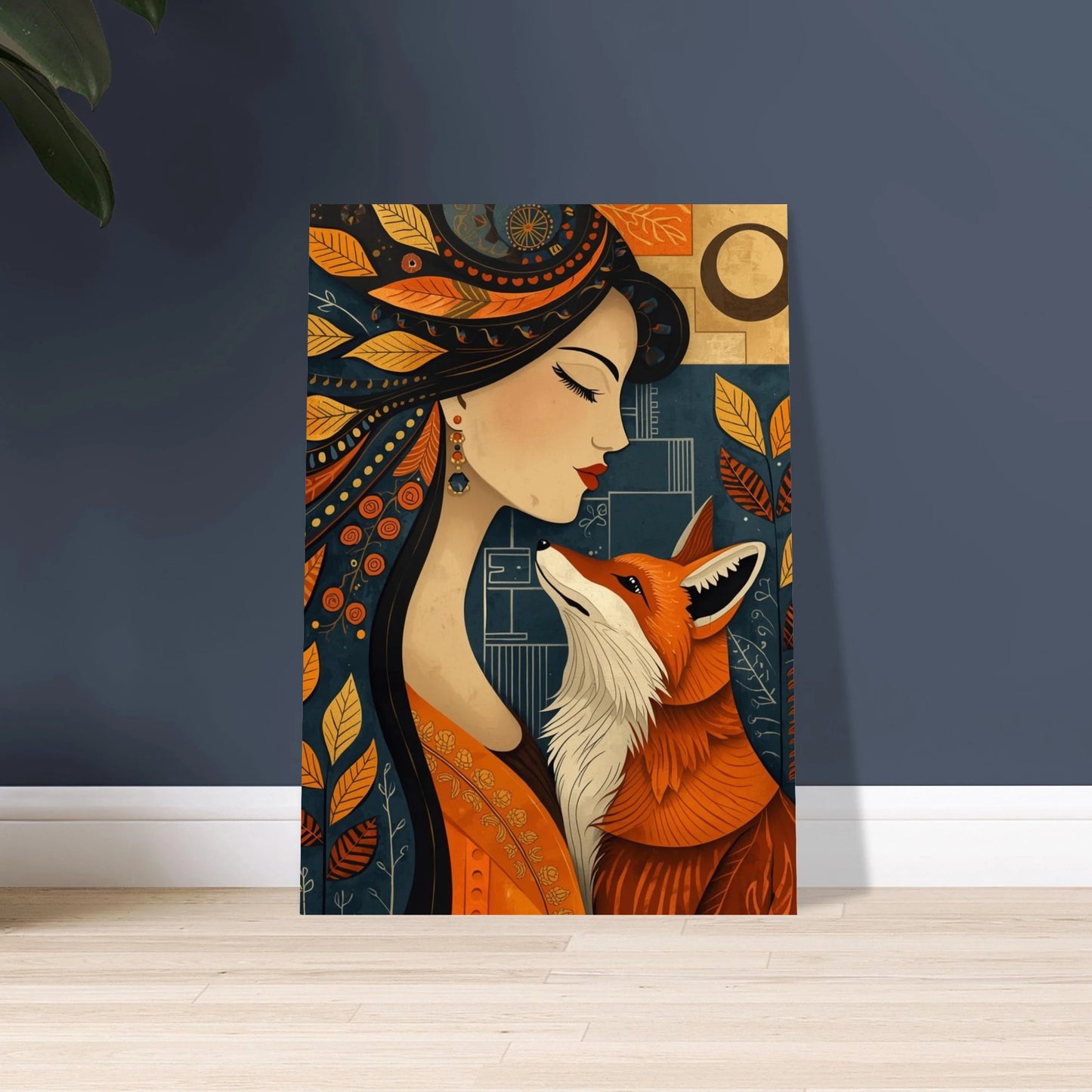 Räv med kvinna i kubistisk folk art-stil