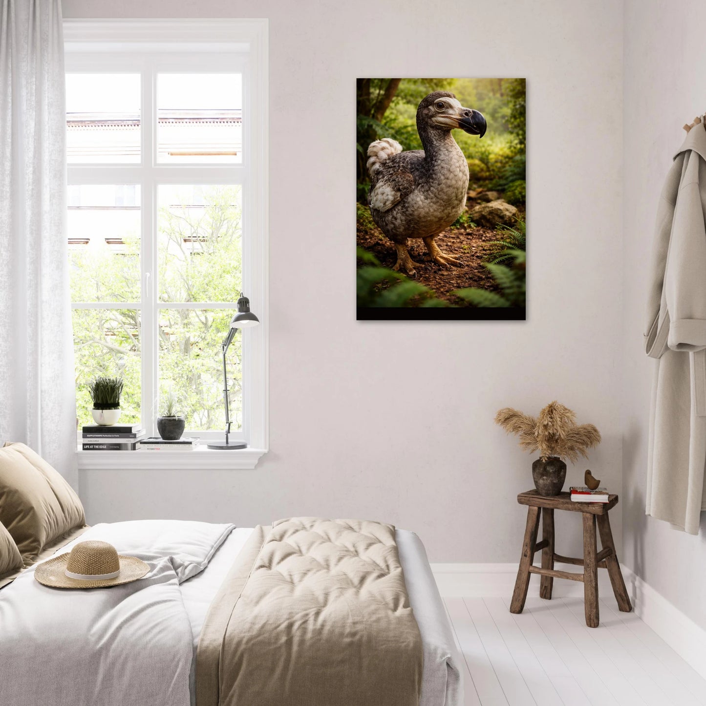 Dront poster hängande elegant på väggen i ett sovrum – Fotorealistisk poster