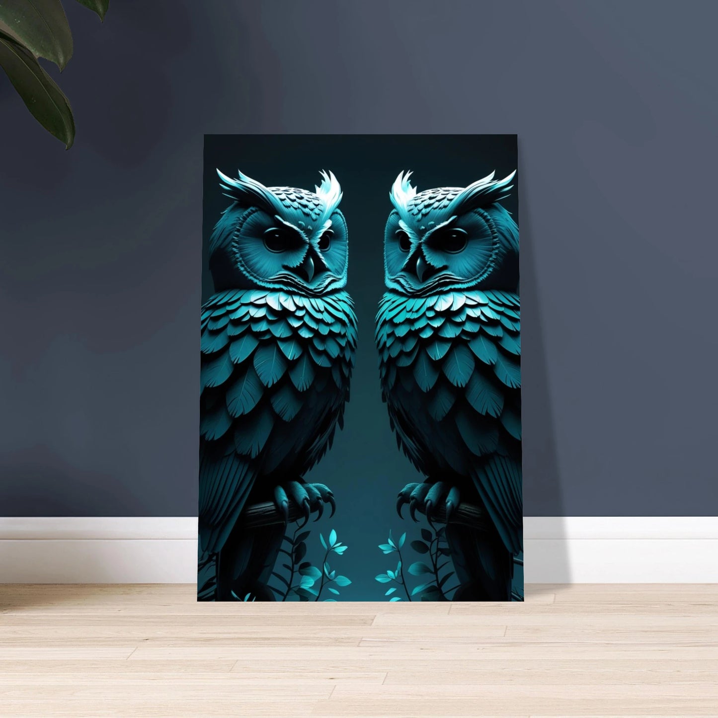 Två ugglor i mörk turkos nyans, mystisk och elegant komposition.