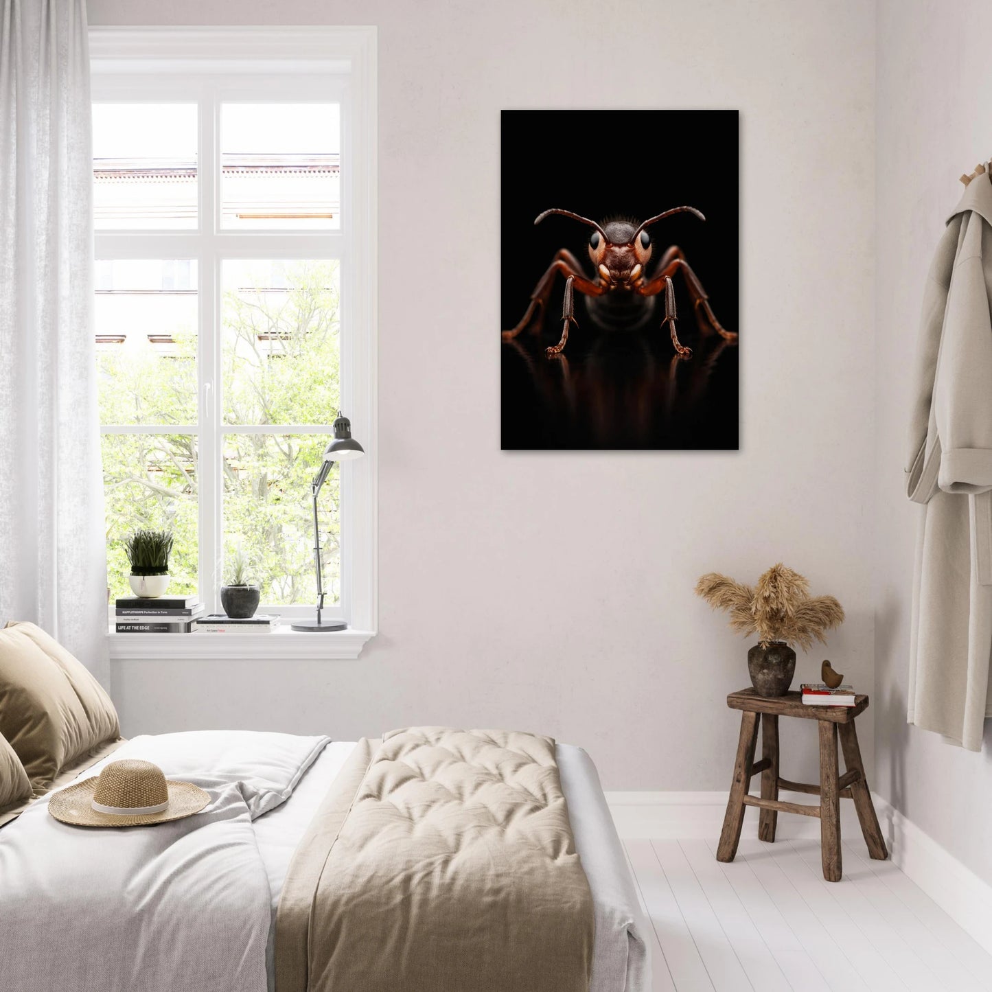 Skogsmyra poster upphängd i sovrum med säng och fönster – Fotorealistisk poster