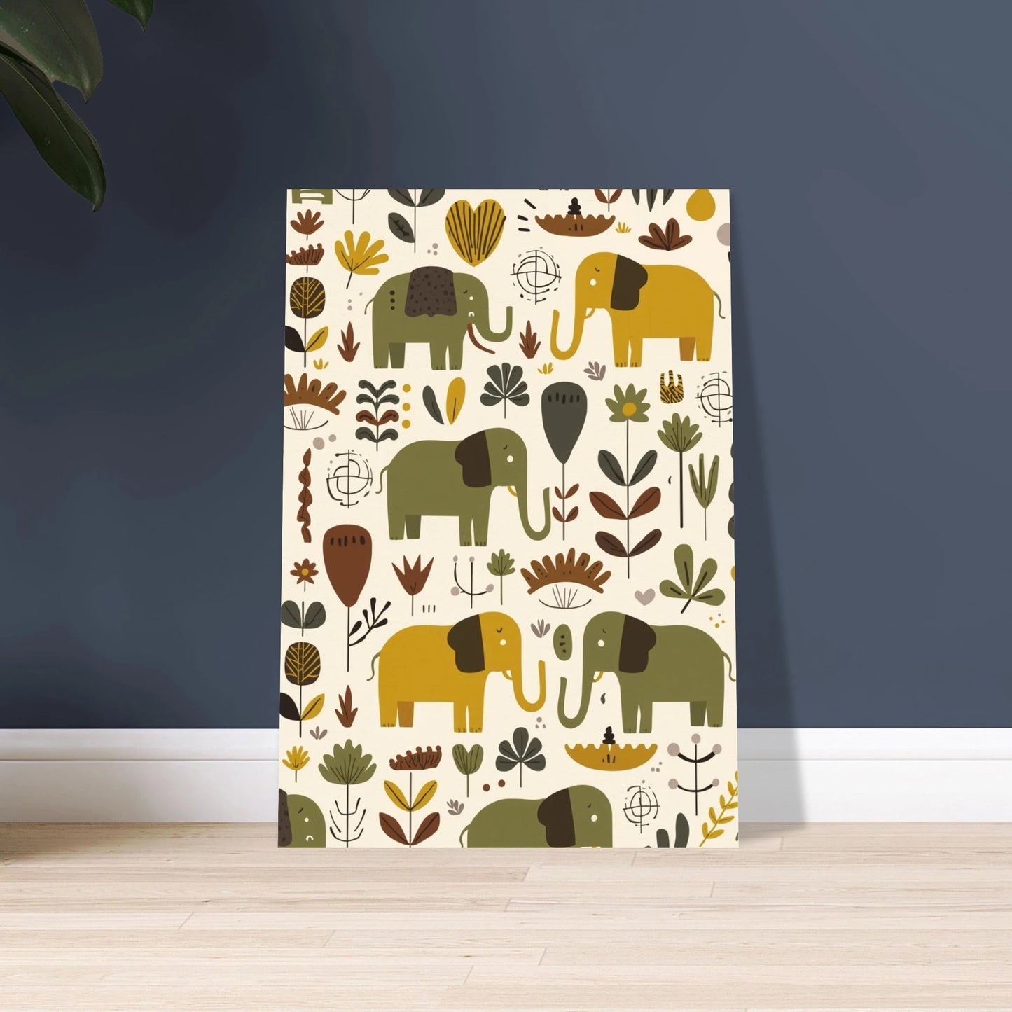 Lekfulla elefanter i ett skandinaviskt mönster, glädjefull och charmig design.