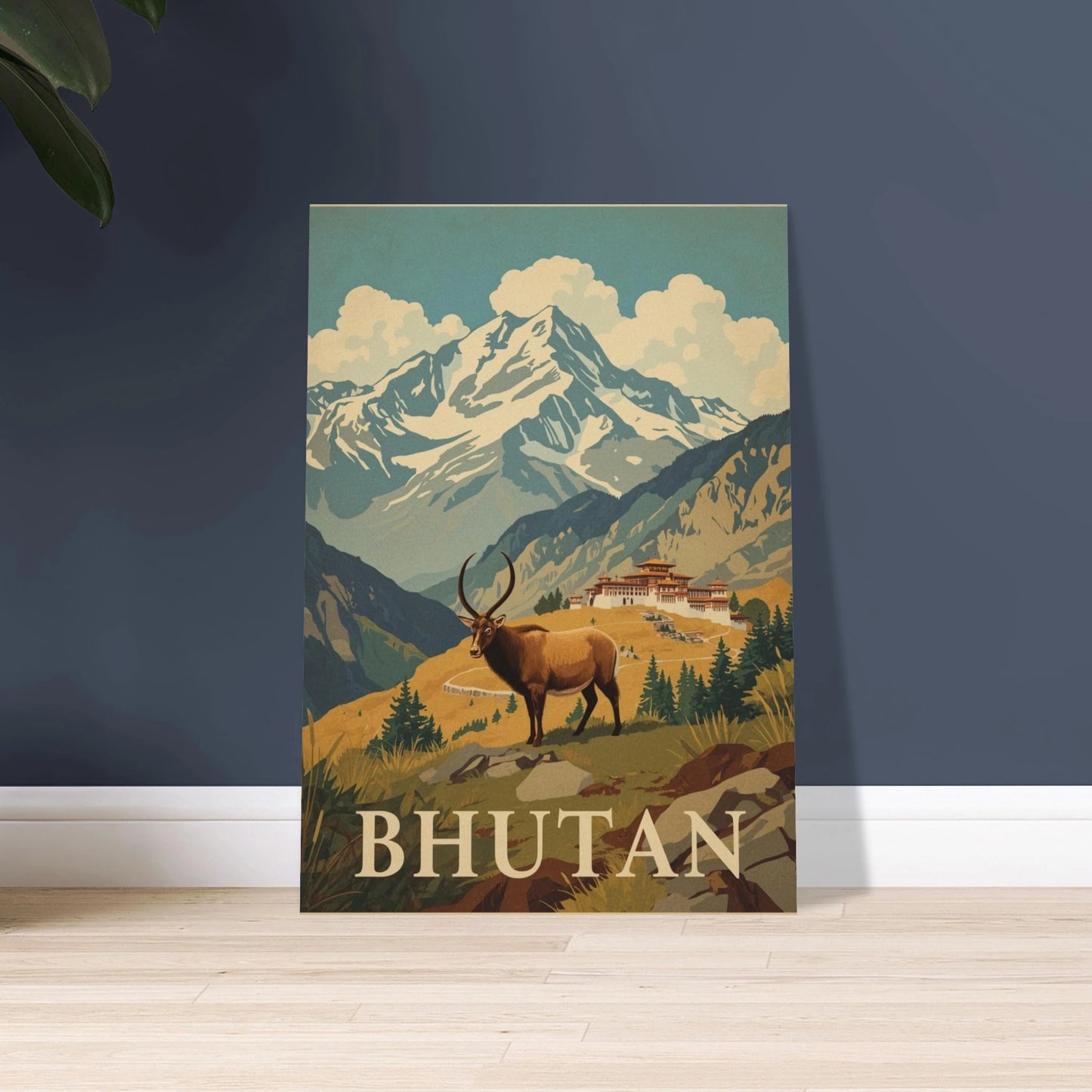 Majestätisk takin i Himalayas berglandskap, vintage reseaffischstil.