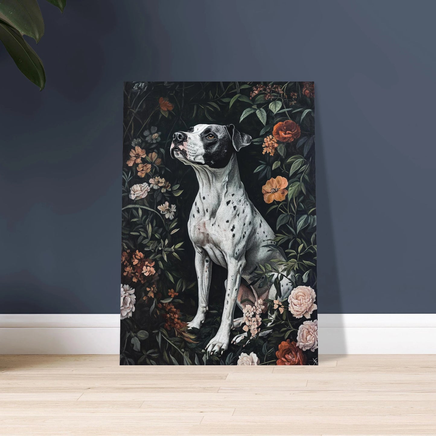 Hundporträtt omgiven av blommor i mörka, konstnärliga toner.