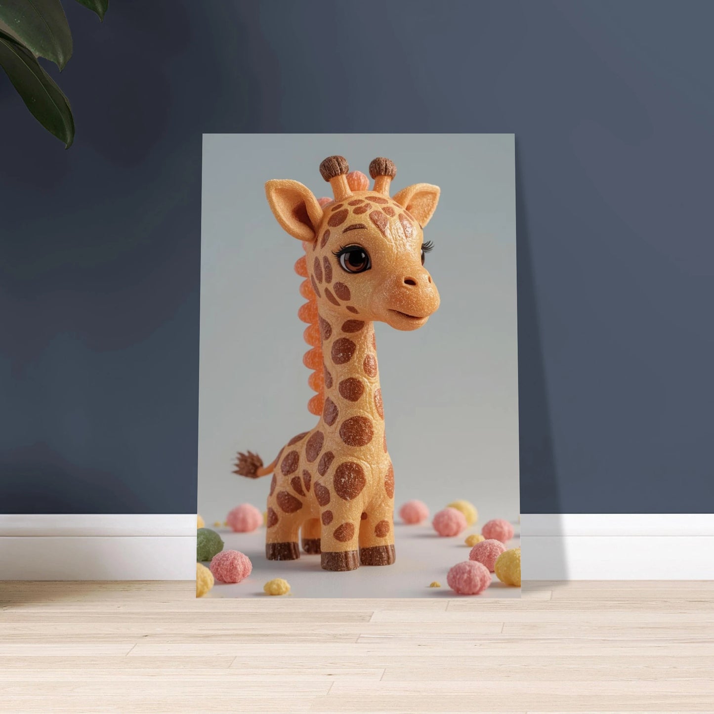 Söt giraff av karamell och godis, omgiven av färgglada sötsaker.
