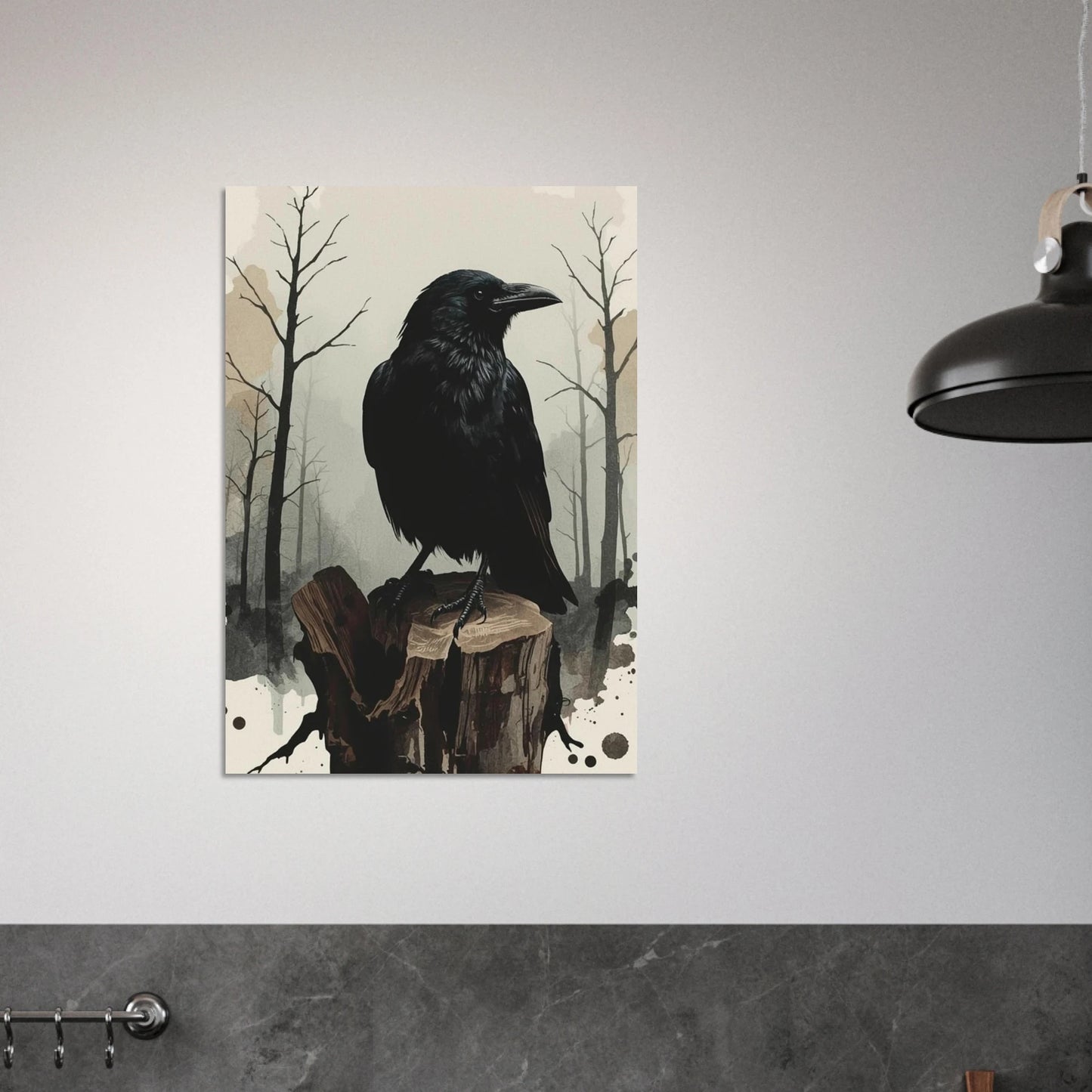 Korp på stubbe monterad på ljus vägg vid köksbänk – Målad poster