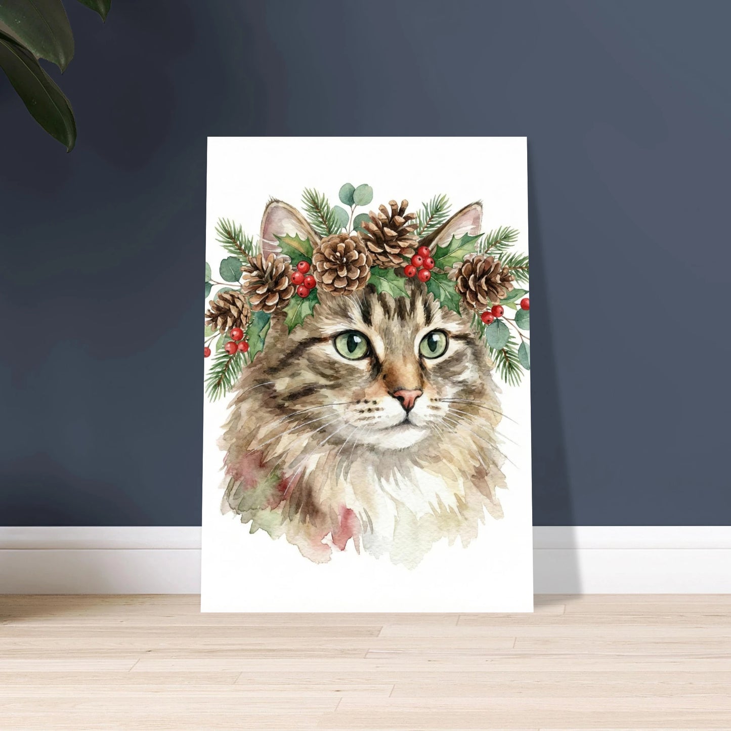 Katt i julig tröja, akvarellmålning med festlig stämning.