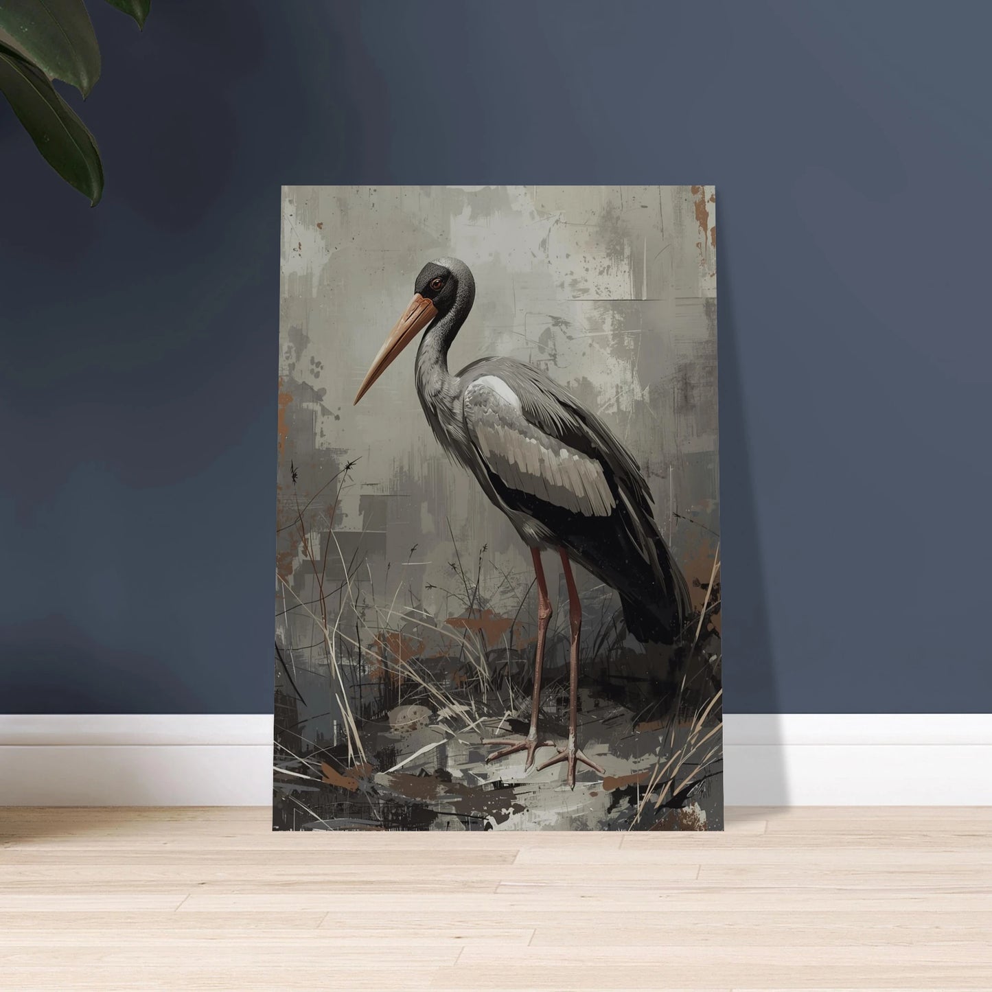 Maraboustork i konstnärlig desaturerad stil, lugn och reflekterande stämning.