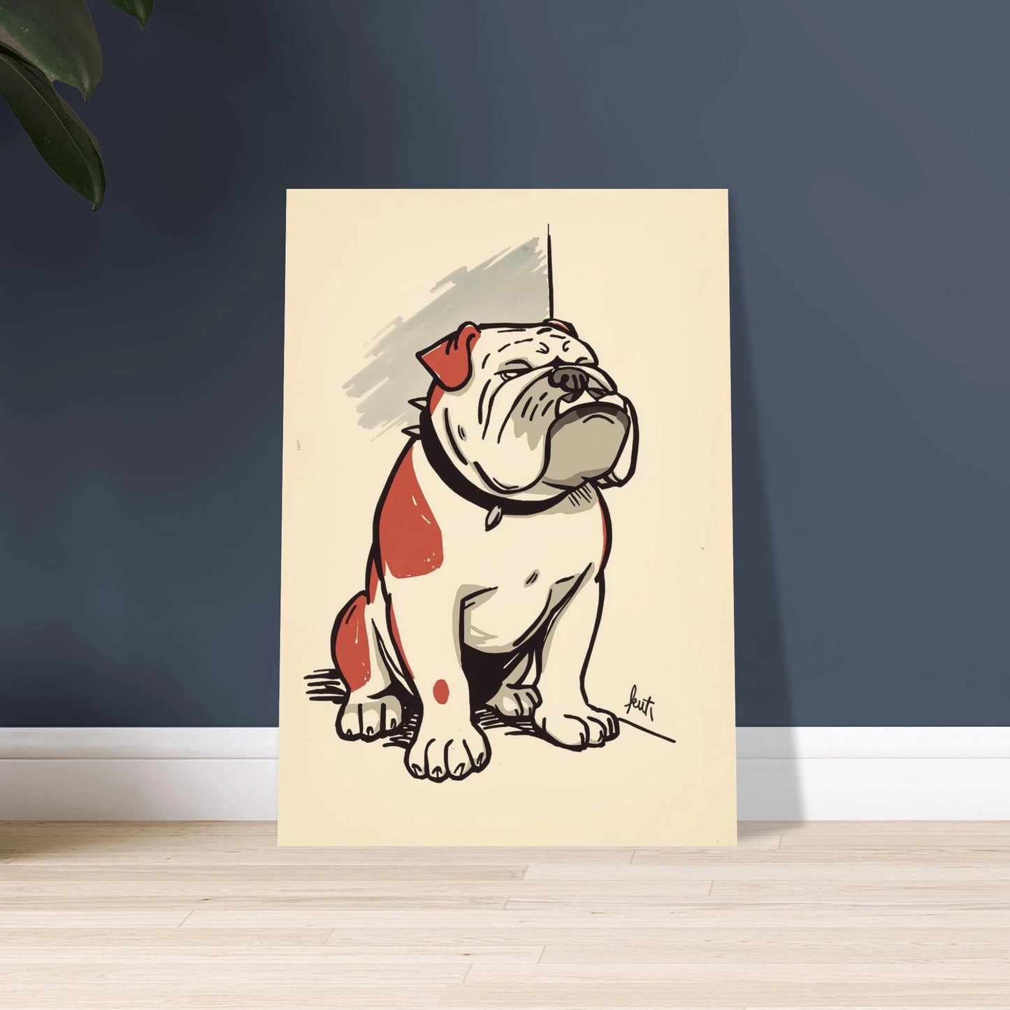 Stiliserad bulldogg i avslappnad pose, konstnärlig illustration