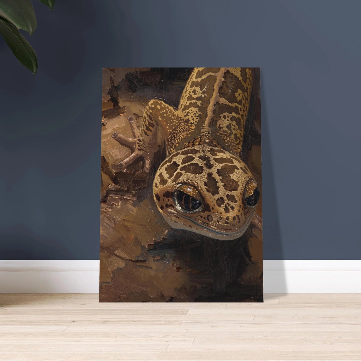 Leopardgecko med intrikata kamouflagemönster i konstnärlig målning