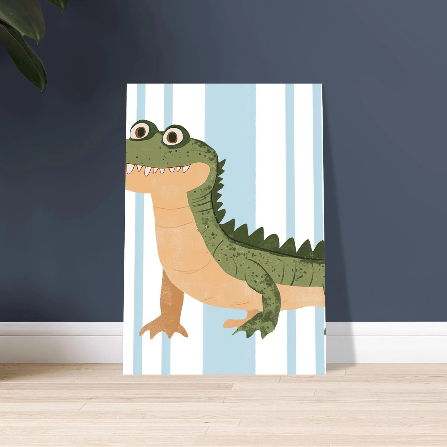 Lekfull krokodil med stort leende, barnvänlig illustration, glad stämning.