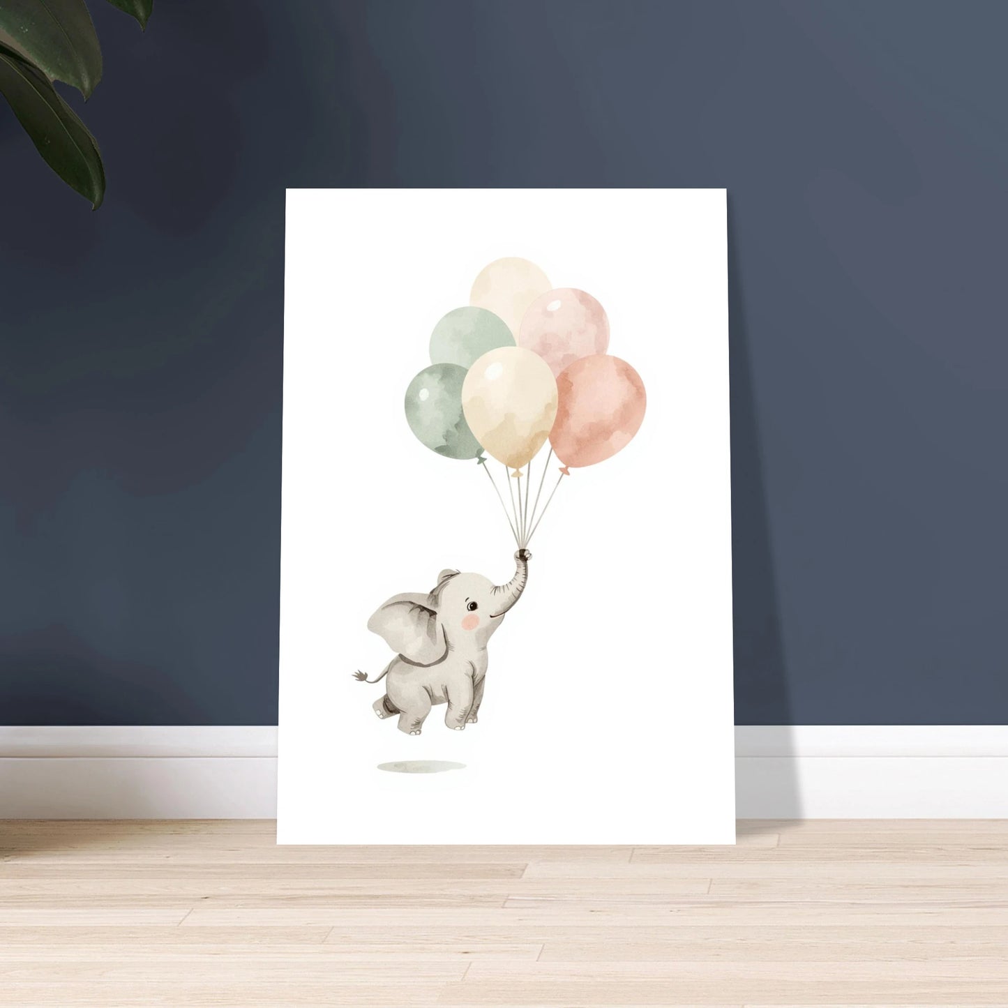 Söt baby-elefant med ballonger i akvarellstil, drömsk känsla.