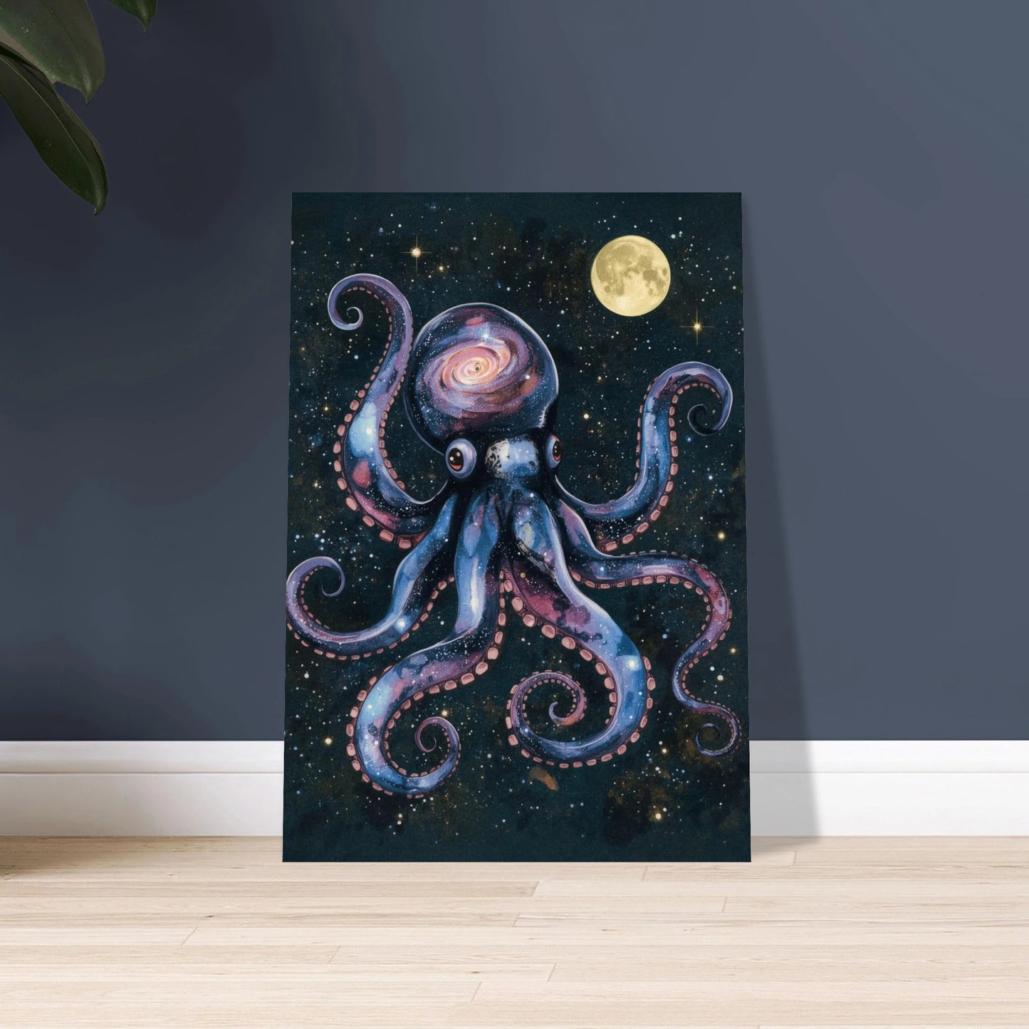 Bläckfisk i rymden med galaxer och stjärnor, surrealistisk akvarellkonst.