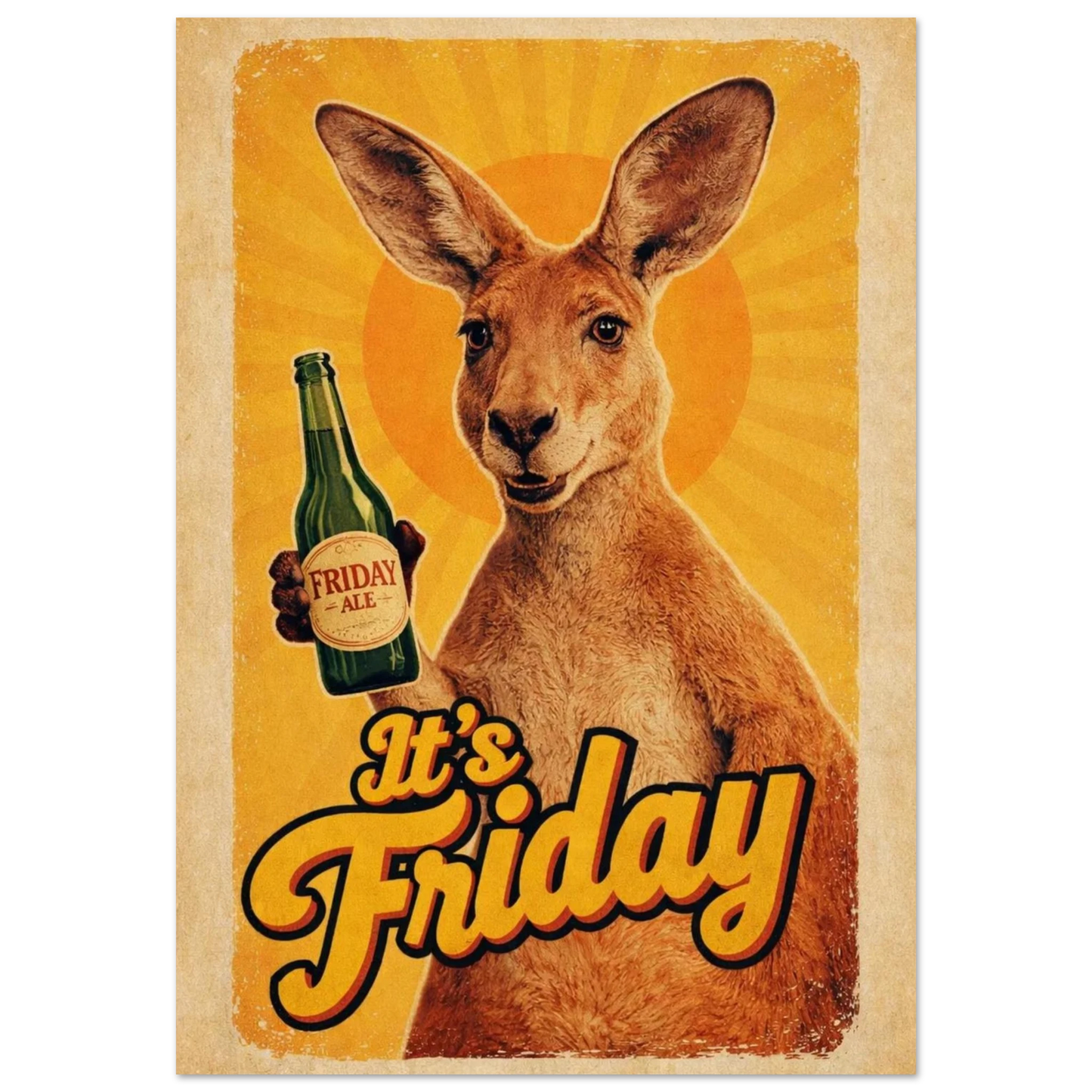 Känguru som håller i en ölflaska med texten It's Friday – Retro poster