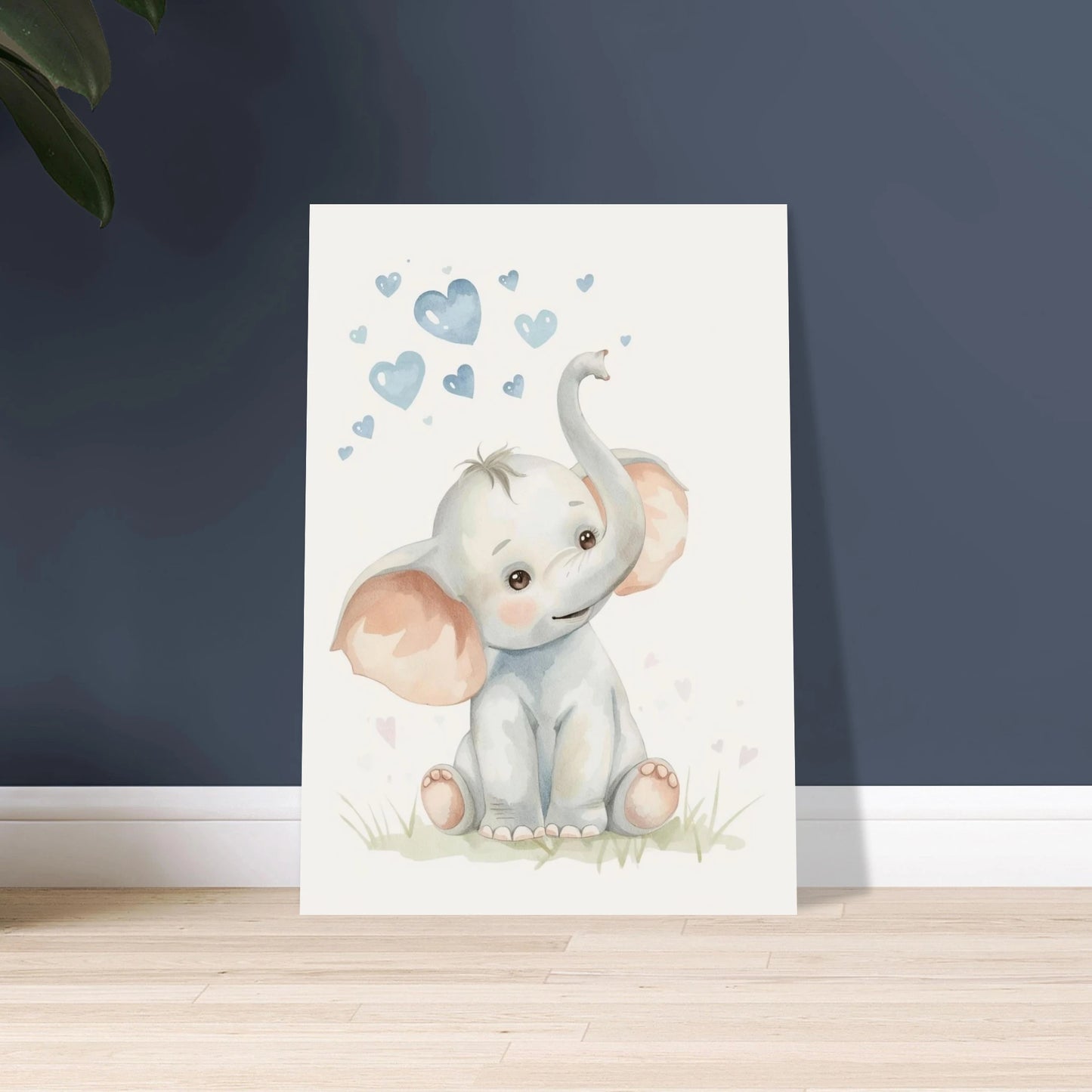 Söt baby-elefant i akvarell med blå hjärtan, mjuk och lekfull.