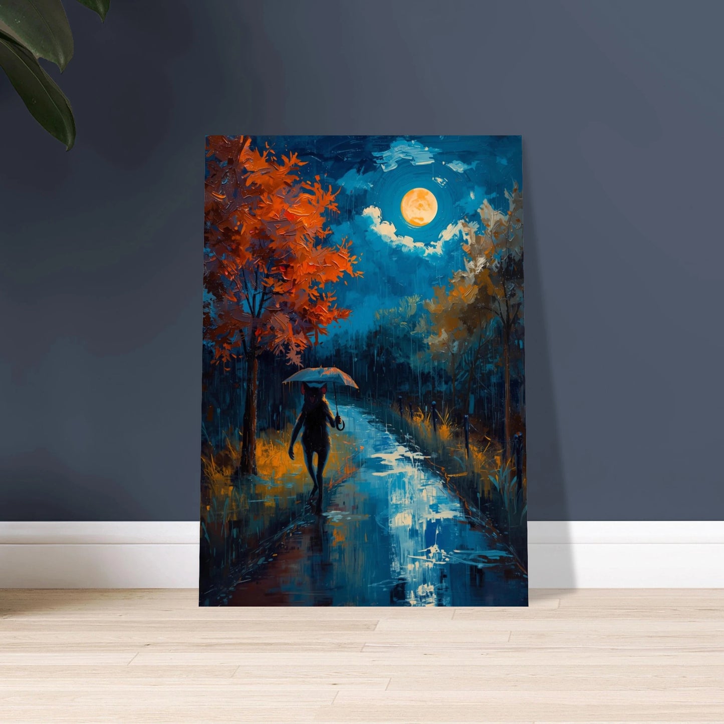 Fladdermus i regnig natt med paraply, impressionistisk oljemålning