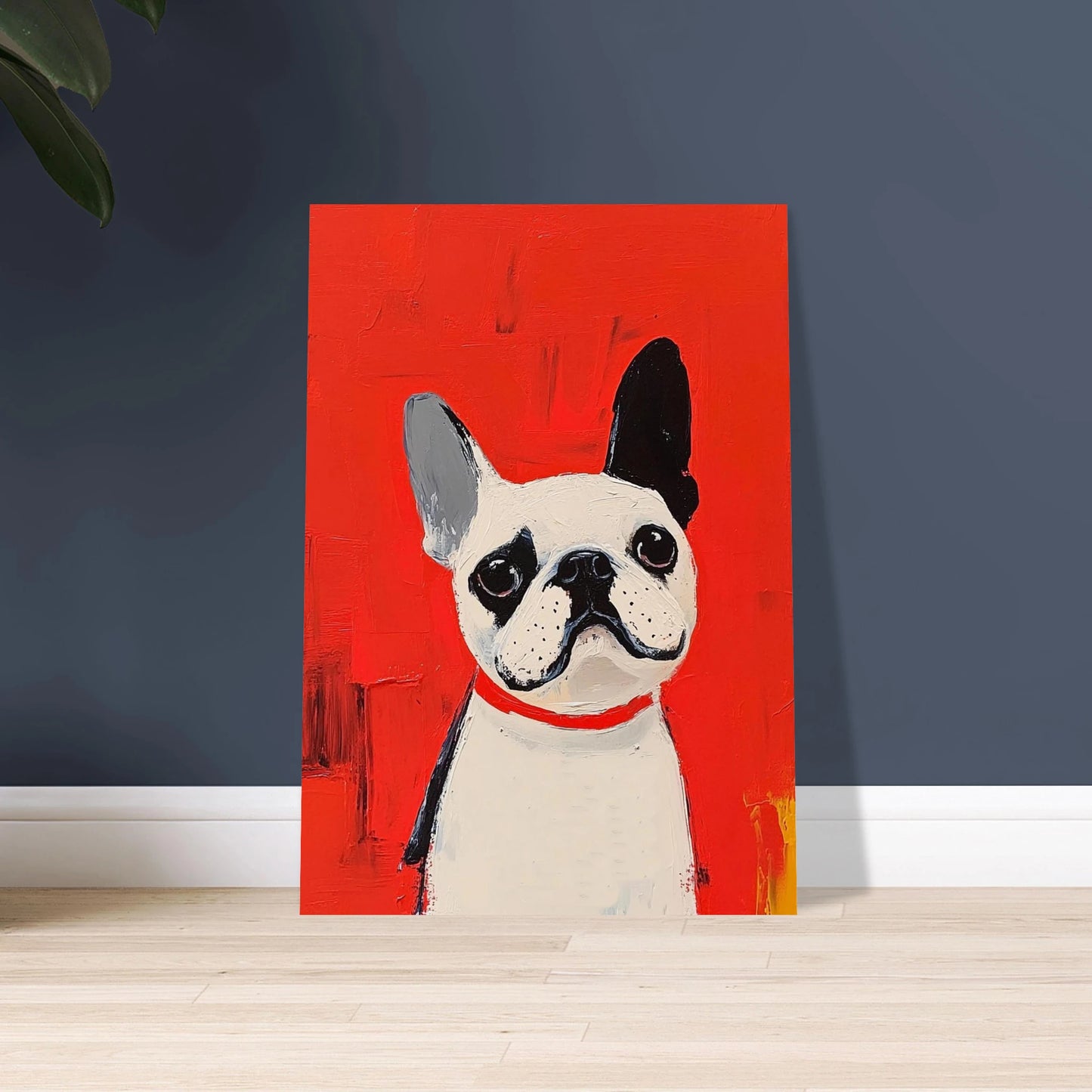 Fransk bulldog i konstnärlig stil, vit och svart med röd bakgrund.