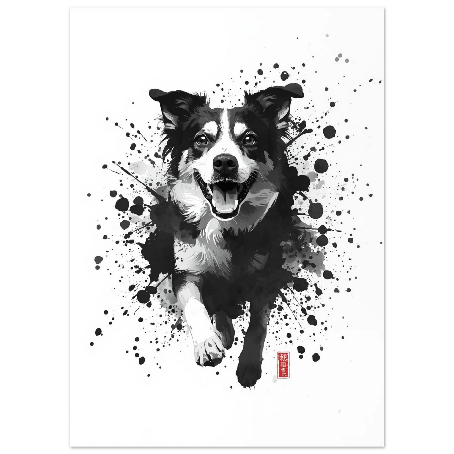 Modern väggkonst föreställande en hund i full fart på vit bakgrund – målad poster