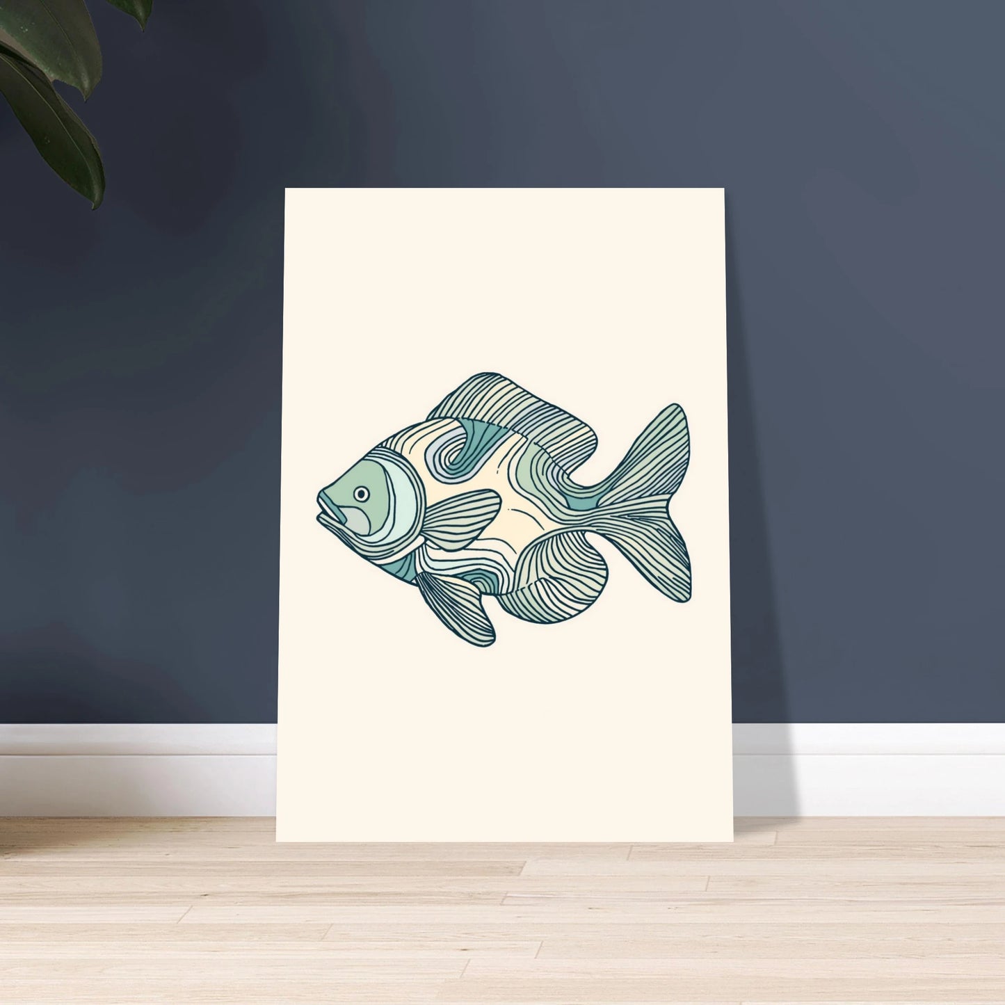 Stiliserad fisk med flytande konturlinjer, konstnärlig och harmonisk design.