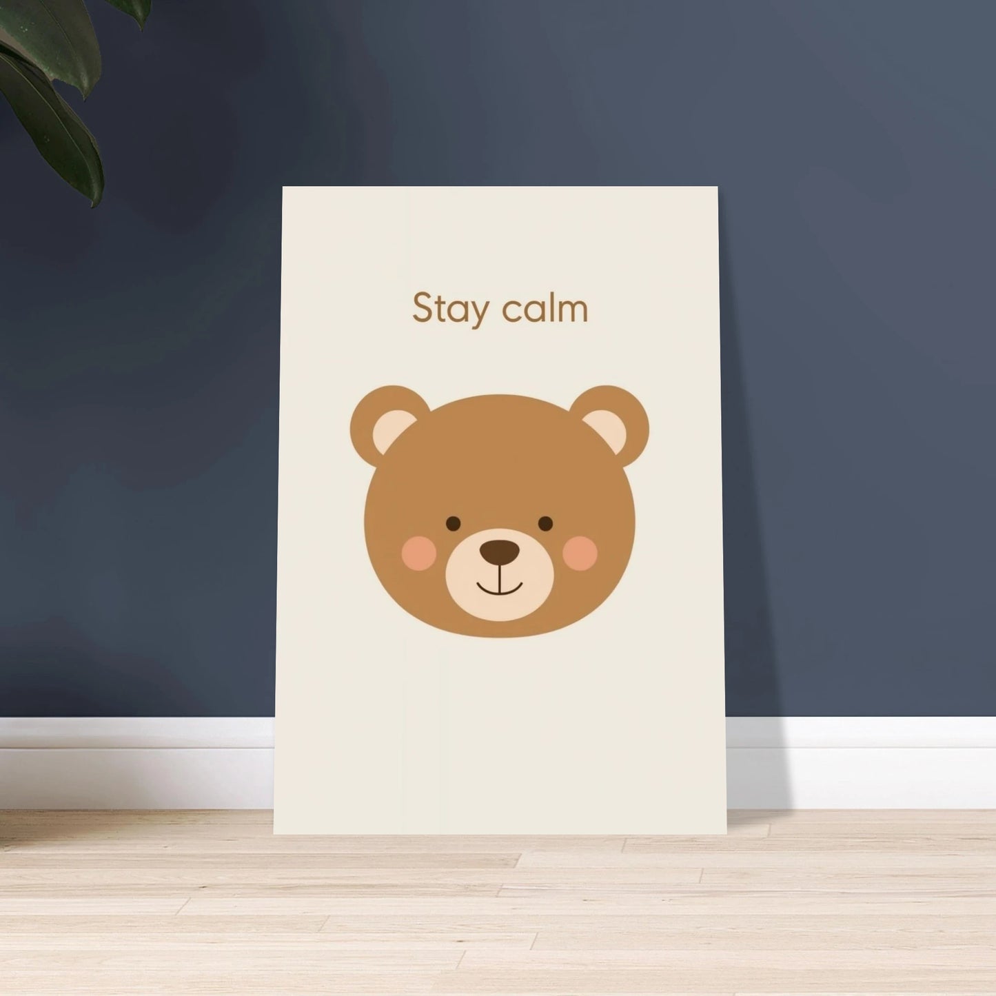 Nallebjörnens lugna ansikte i minimalistisk illustration, varma färger, rofyllt motiv