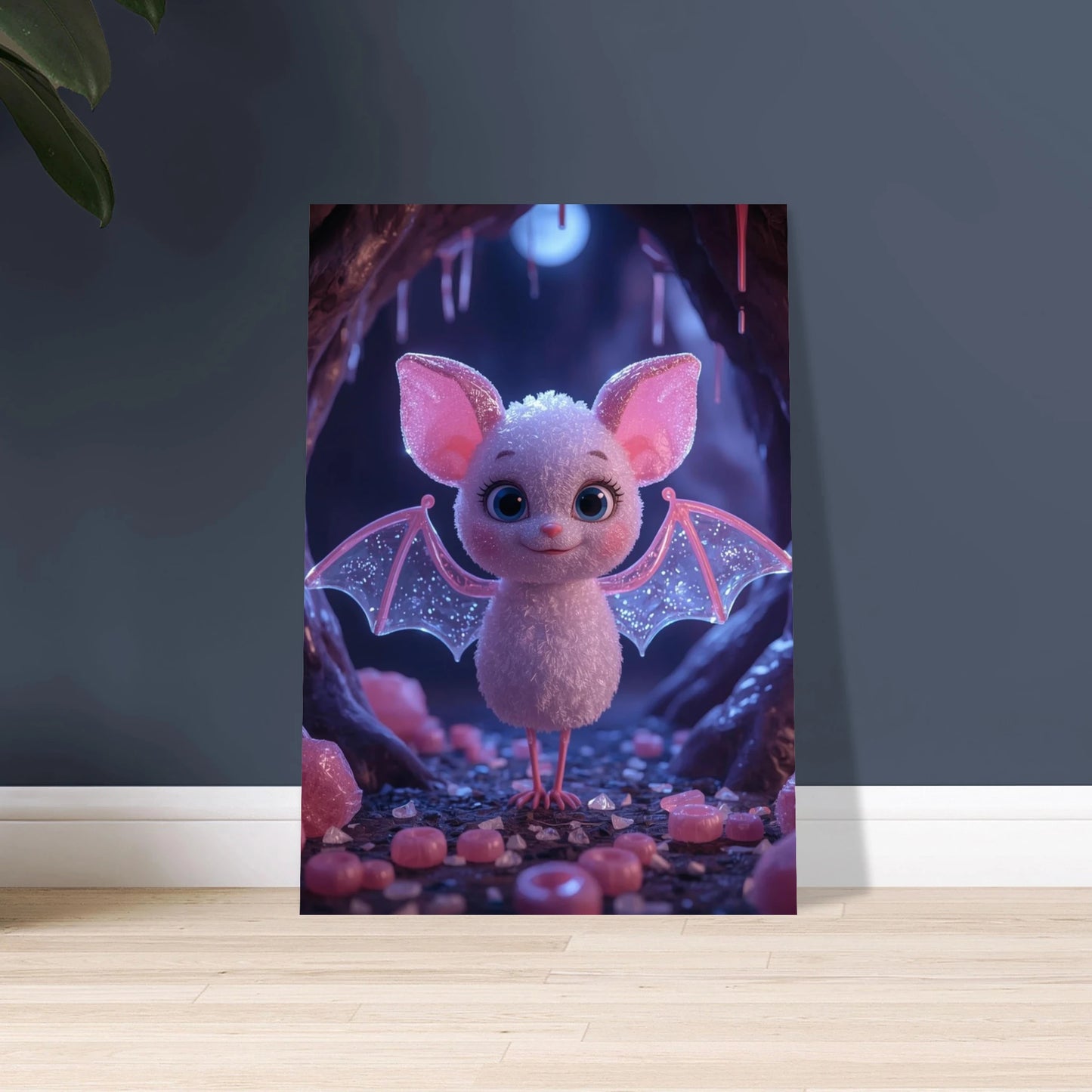 Söt fladdermus i godislandskap, drömlik och fantasifull stämning