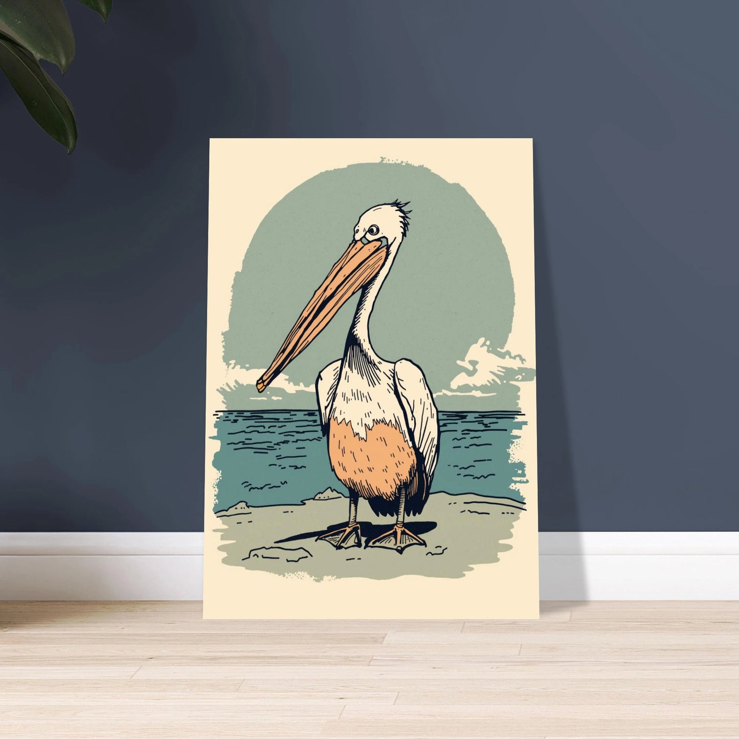 Pelikan vid strandkanten i lugn, illustrativ stil med hav och himmel.