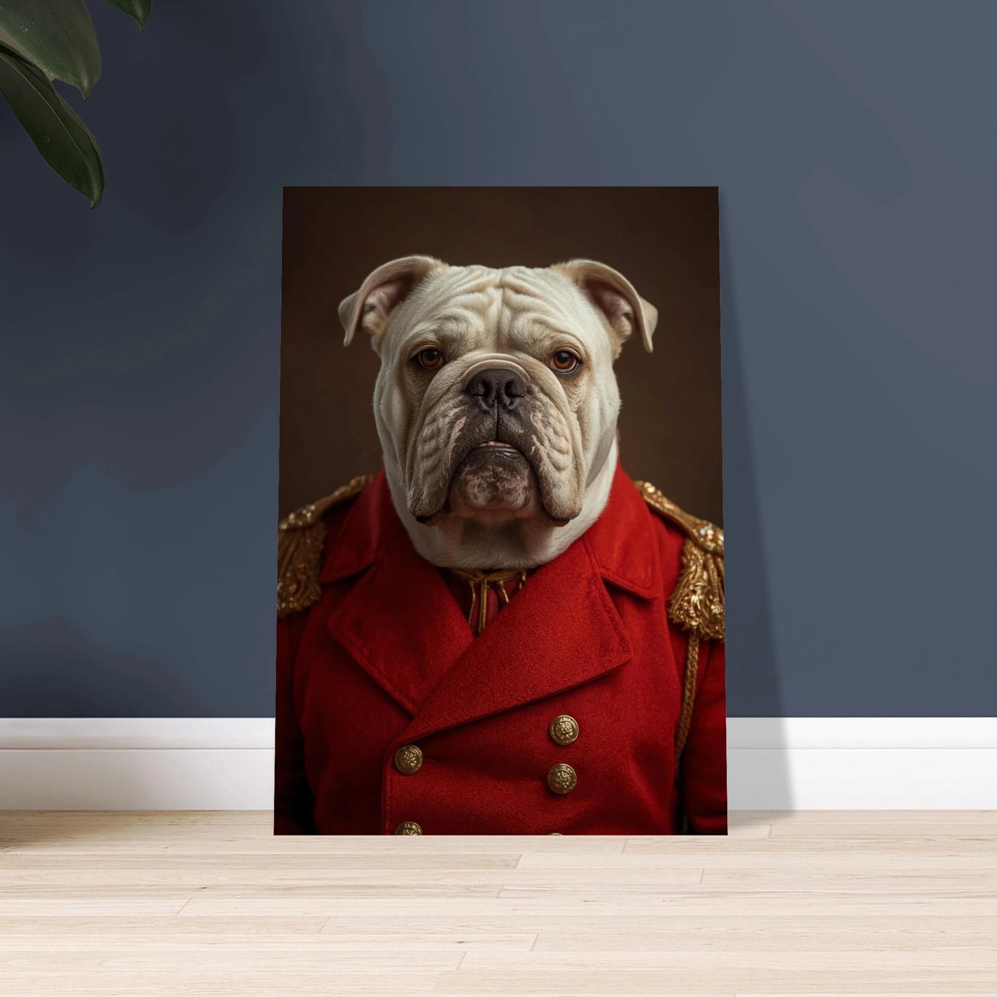 Bulldogg i röd generaluniform, stoisk och värdig karaktär