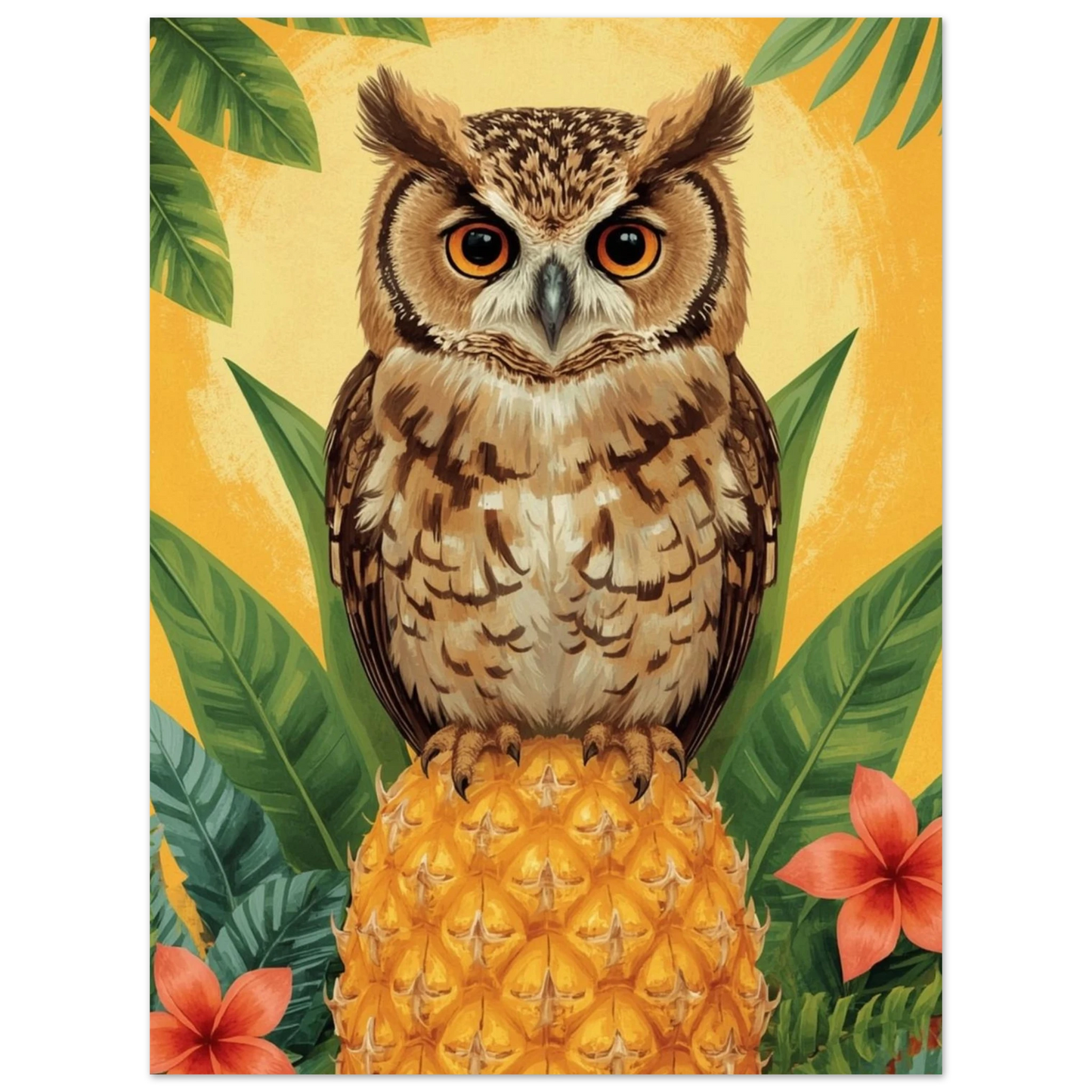 Tecknad uggla på en ananas med tropiska blad – tecknad poster