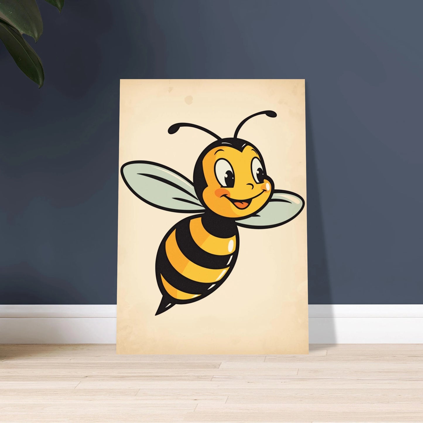 Lekfullt tecknat bi i retrostil, glatt och vänligt uttryck.