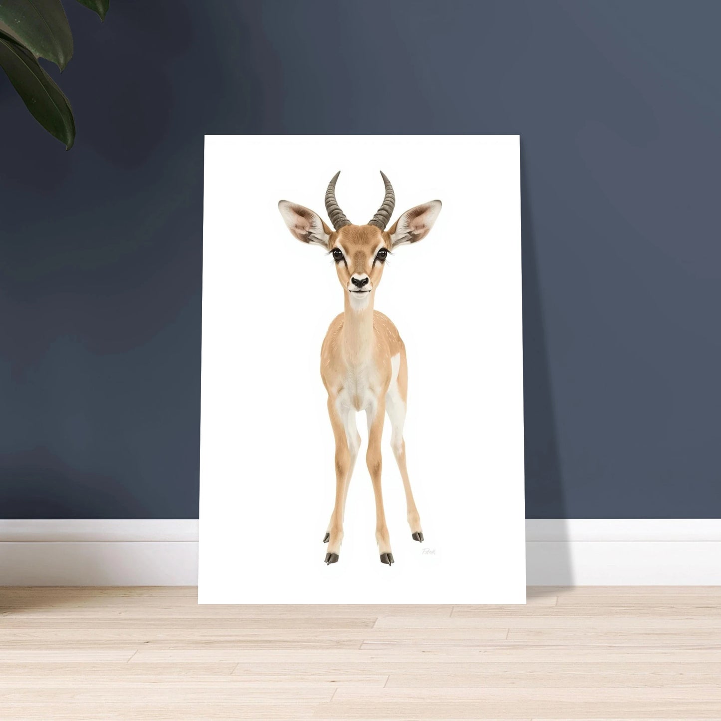 Ung antilop med eleganta horn och stora ögon på vit bakgrund