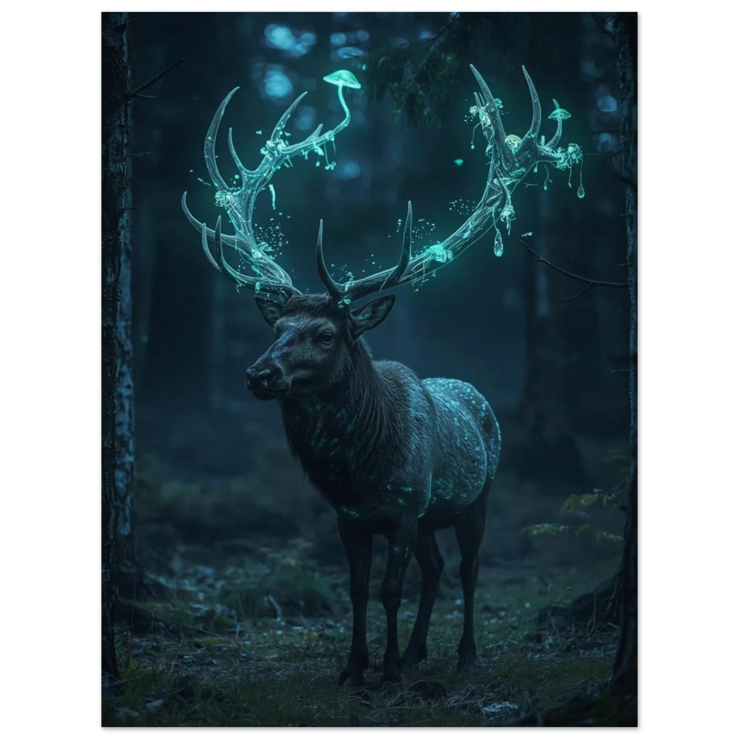 Målad poster av en hjort med självlysande horn i en mörk skog