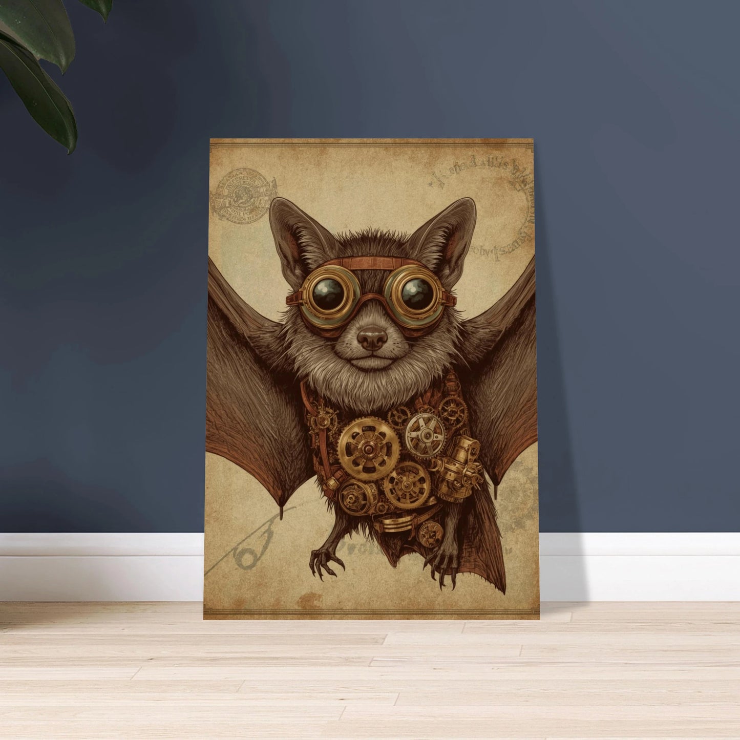 Steampunk fladdermus med goggles och kugghjul, detaljerad illustration