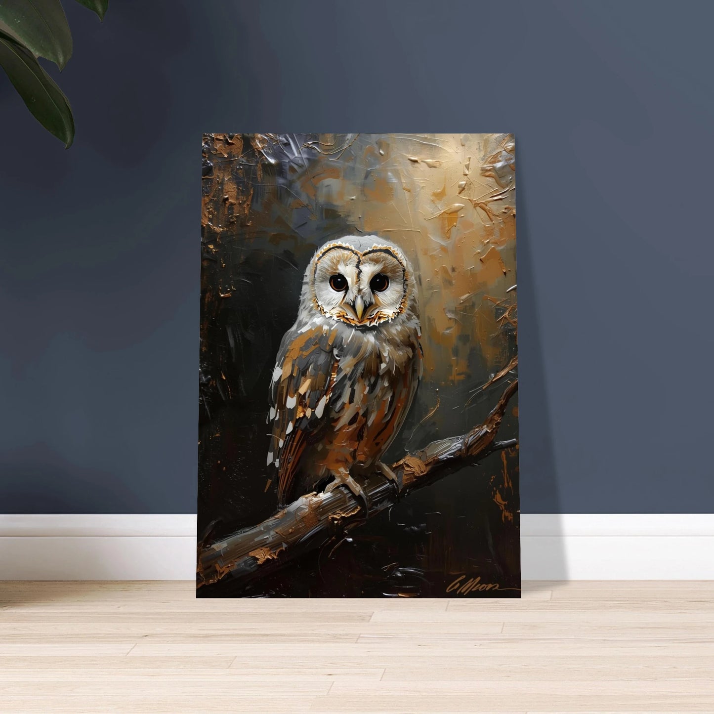 Uggla i impasto oljemålning, gyllene toner, mystisk stämning, konstnärlig poster.