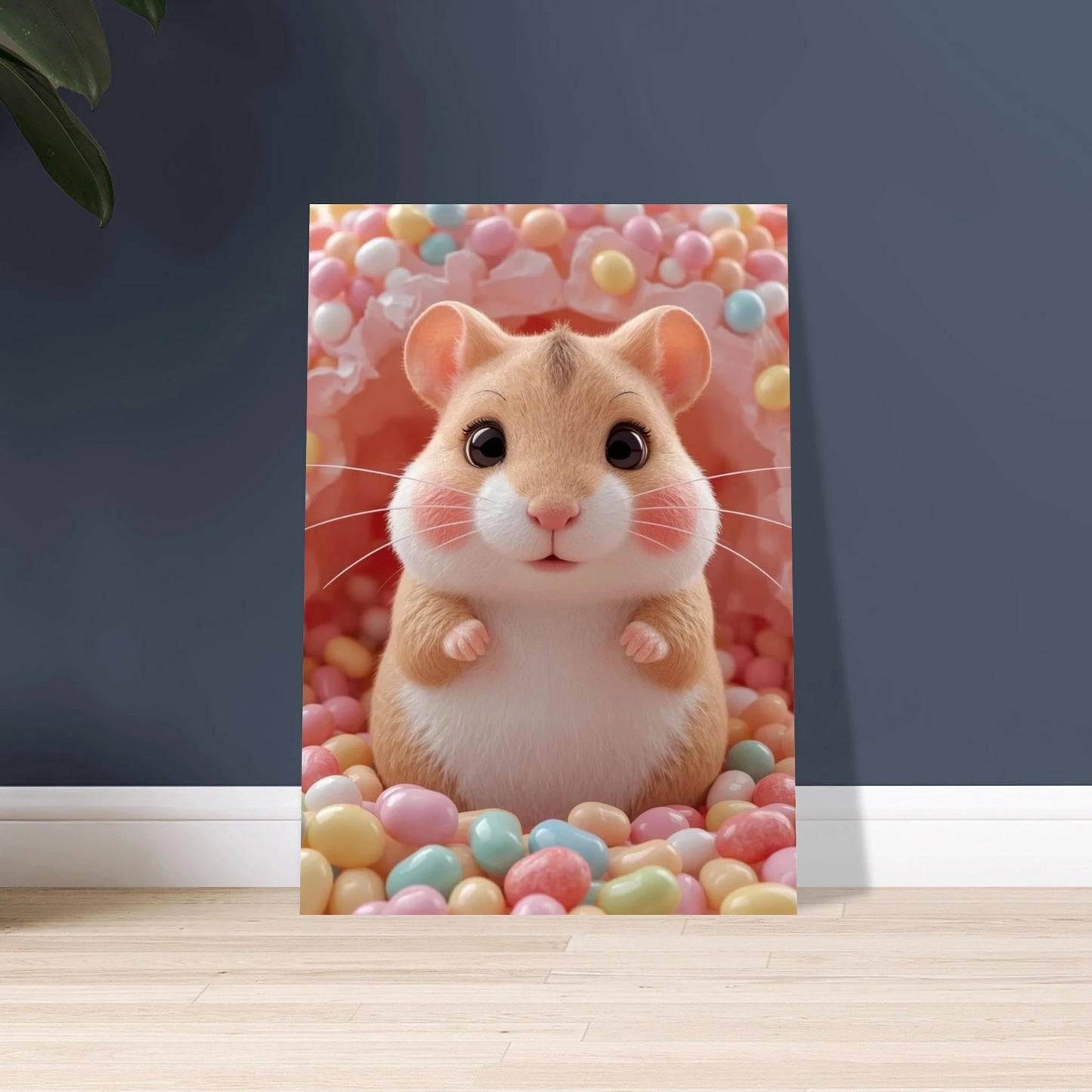 Söt hamster med stora ögon bland färgglada godisbitar