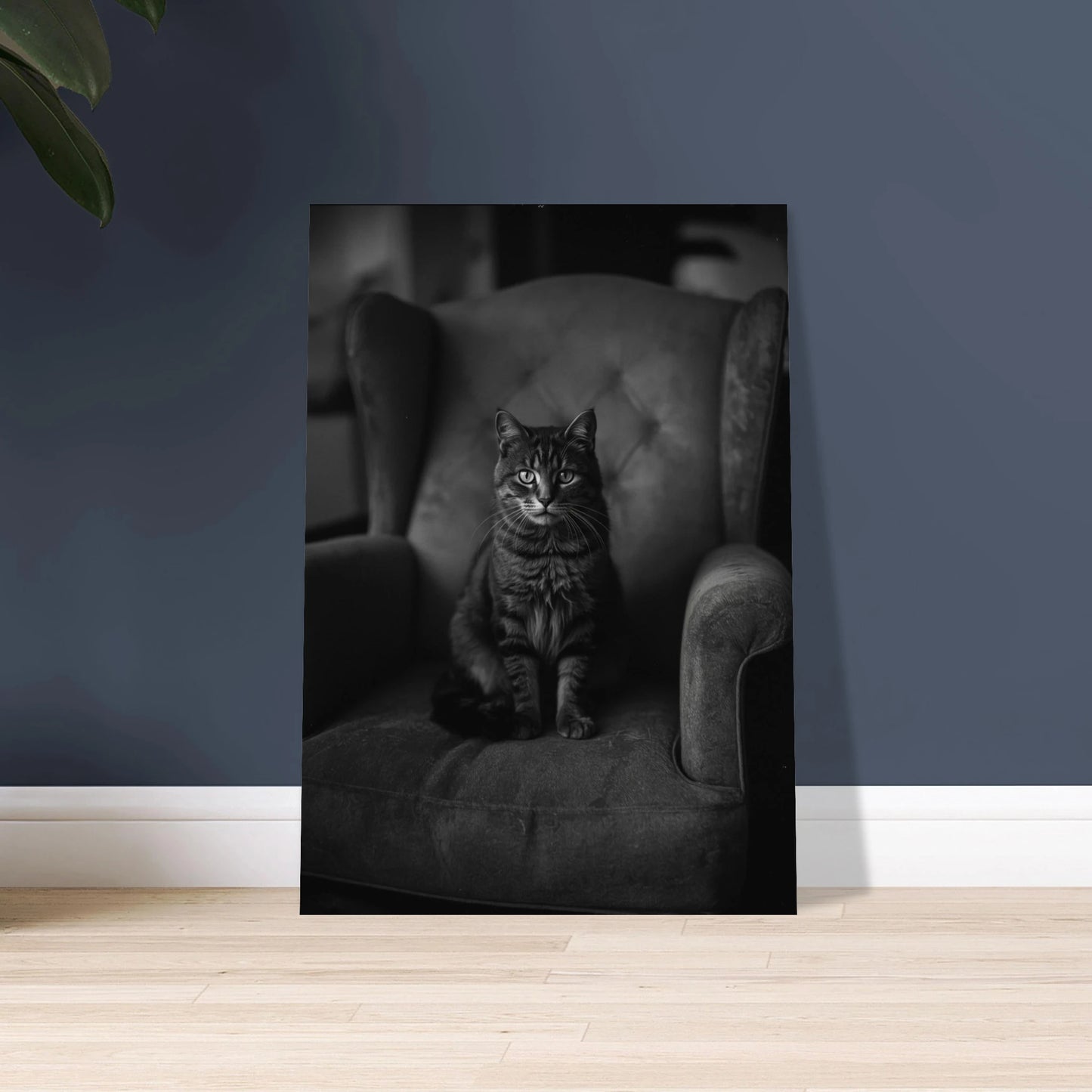 Katt i cutpaper-stil, lugn och konstnärlig, blå och orange toner